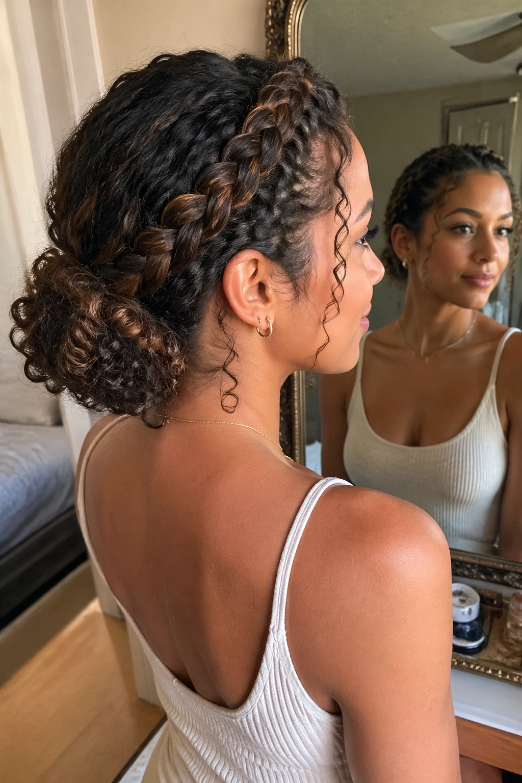 Braided crown with curly ends extension in mirror light.