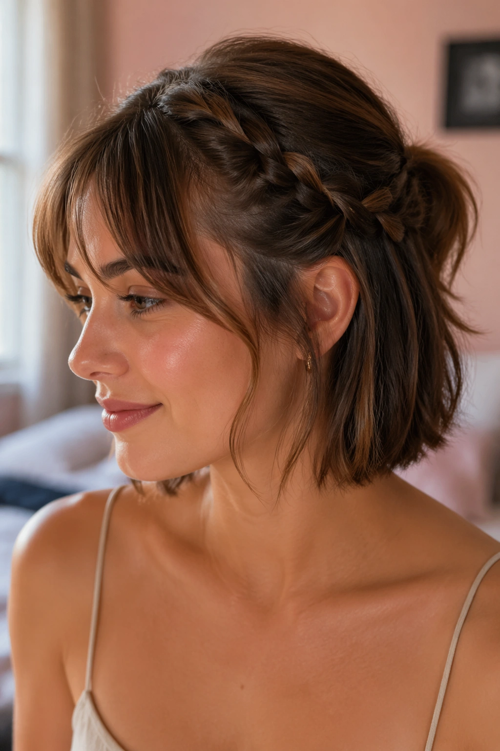 Close-up of a real woman with a face-framing braid feeding into a half pony under natural window light