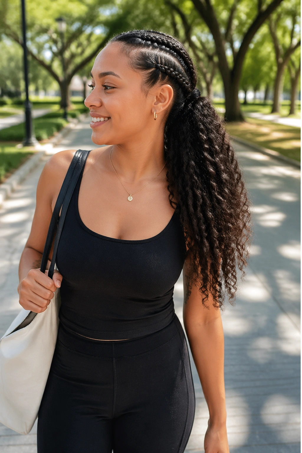Braid-feeding ponytail with side braid along part in park.