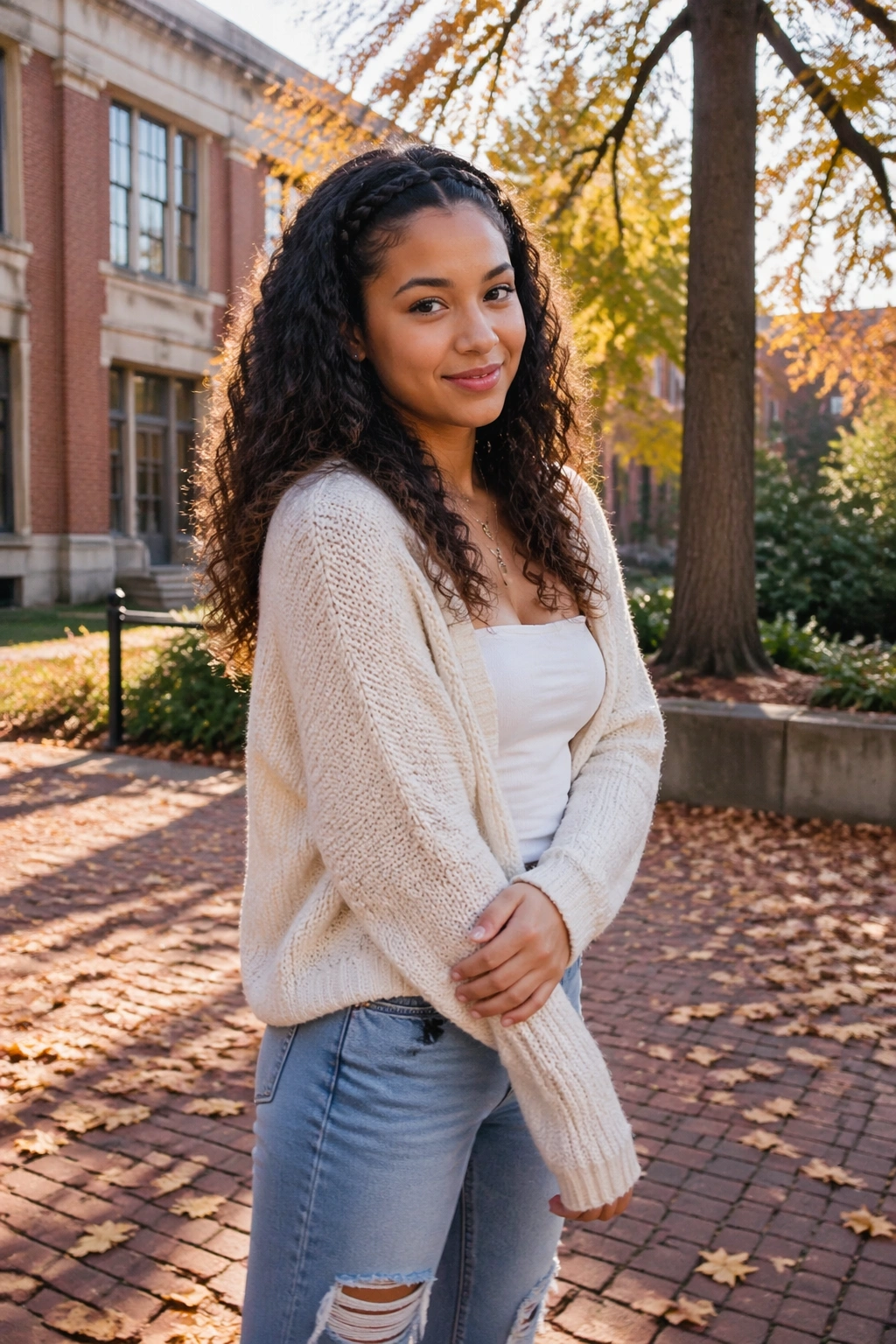 Braided front section blending into free curls in a campus courtyard.
