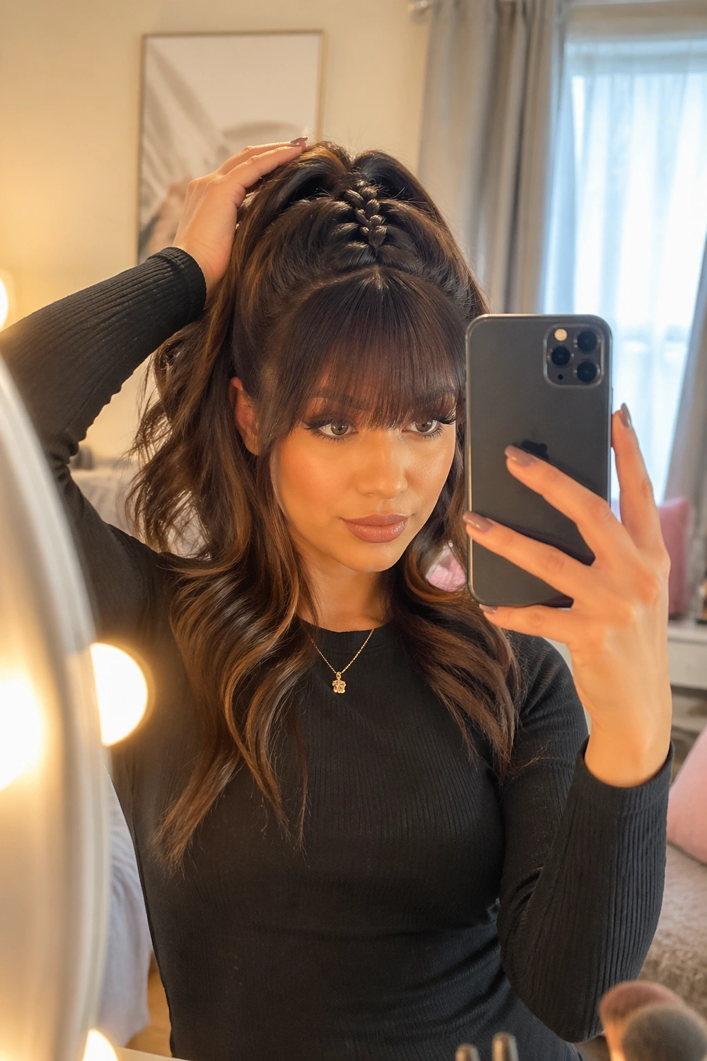French braid feed-in half up ponytail with bangs in mirror selfie