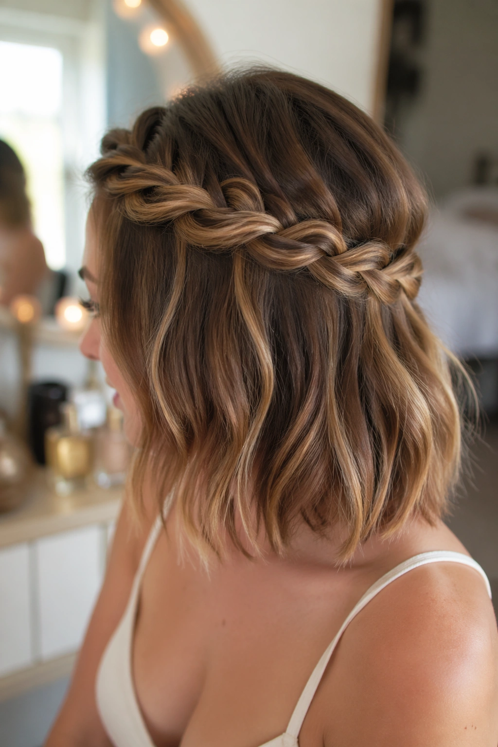 Close-up of a shoulder-length bob with a partial crown braid.