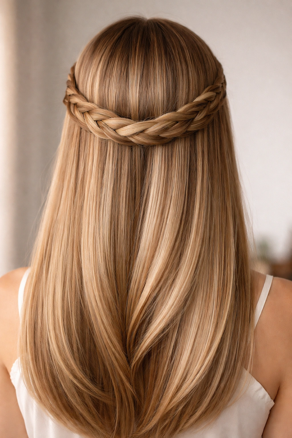 Two side braids tucked under to create a halo around the back of the head