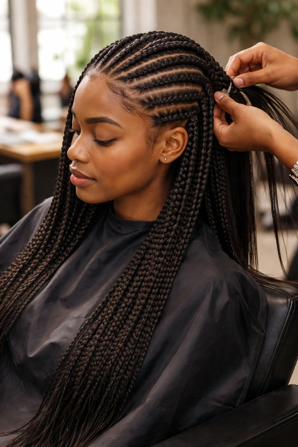 Client in salon chair undergoing half cornrow and box braid installation.