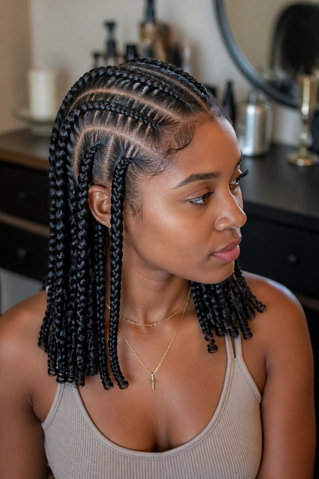 Close-up of a real person with eight cornrows showing length reaching the shoulders.