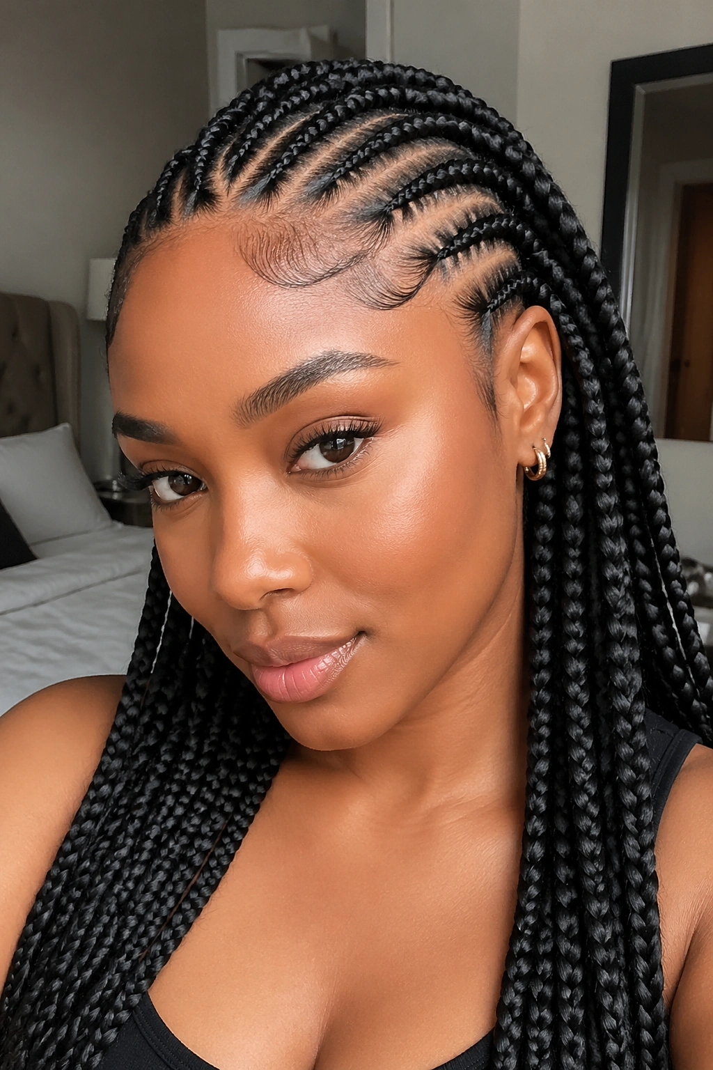 Close-up of a woman with cornrow-box braid combo in a bedroom setting