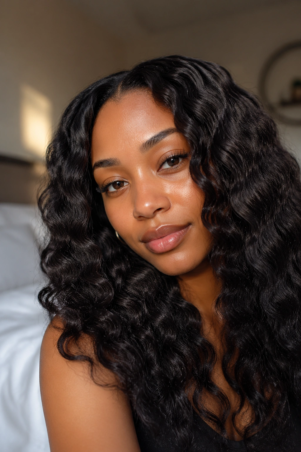 Close-up of a real woman with a braid-out Afro hairstyle and textured waves