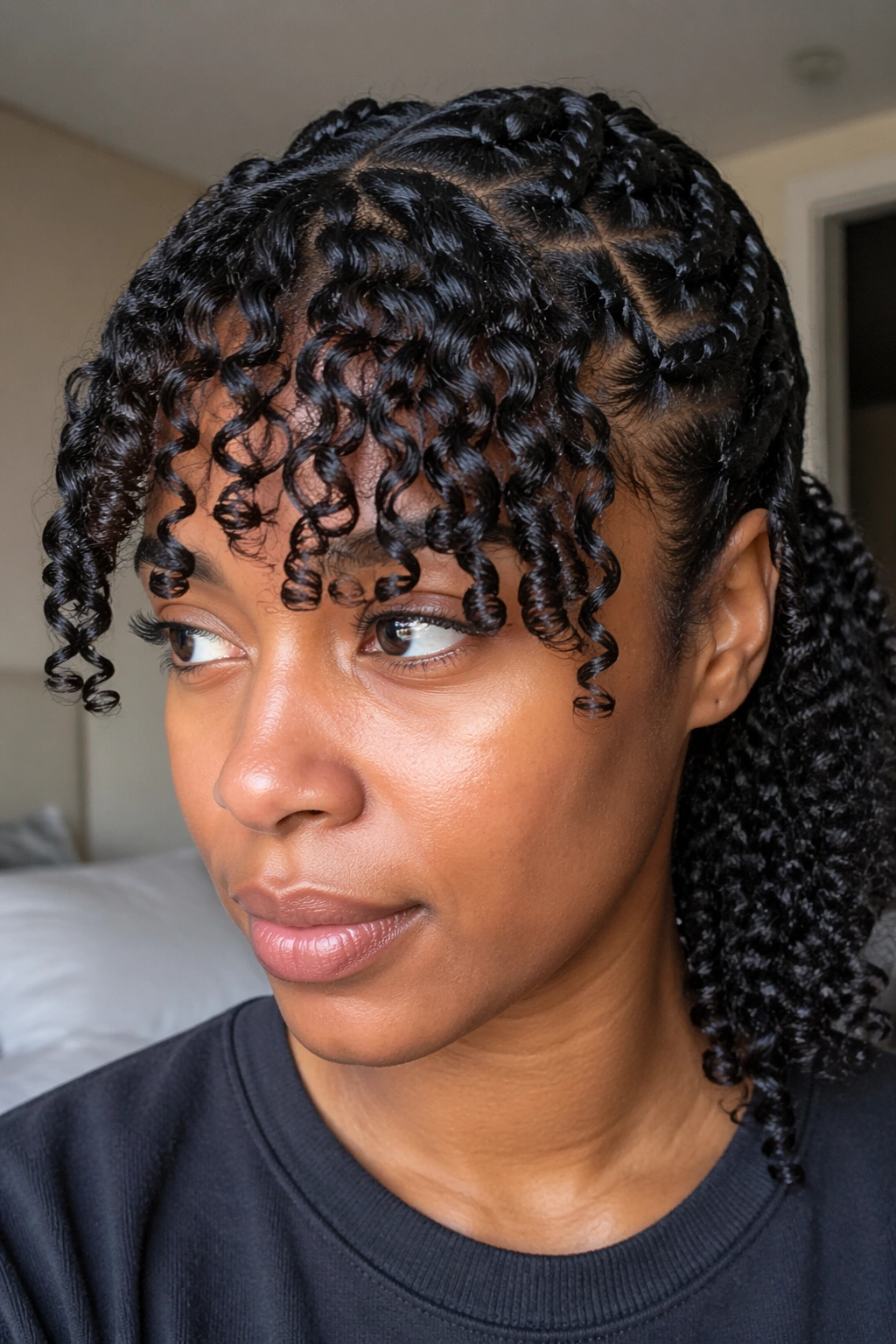 Close-up of a real woman with braid-out bangs showing damp, wavy fringe