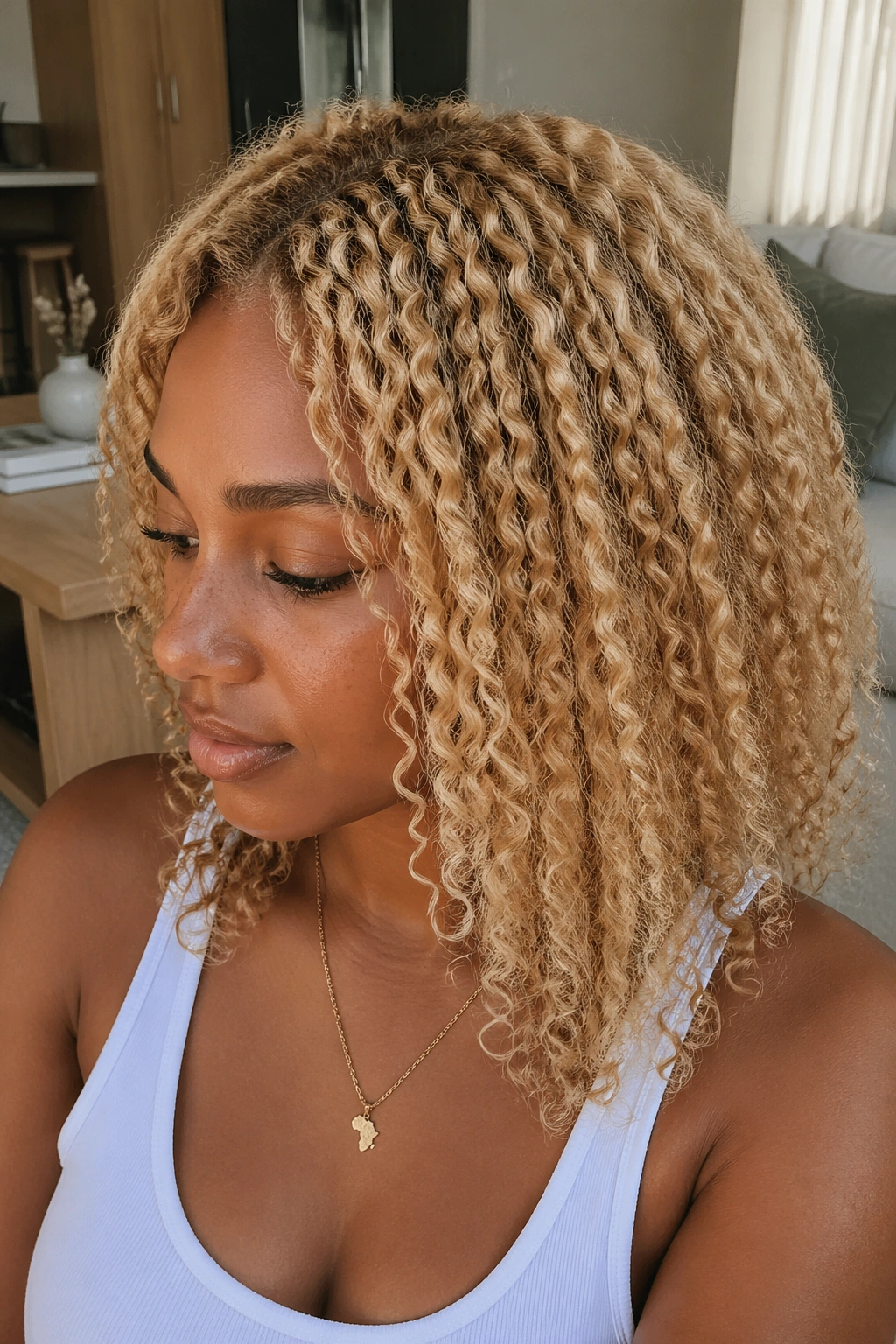 Close-up of a real woman with a braided-out bleached blonde hairstyle
