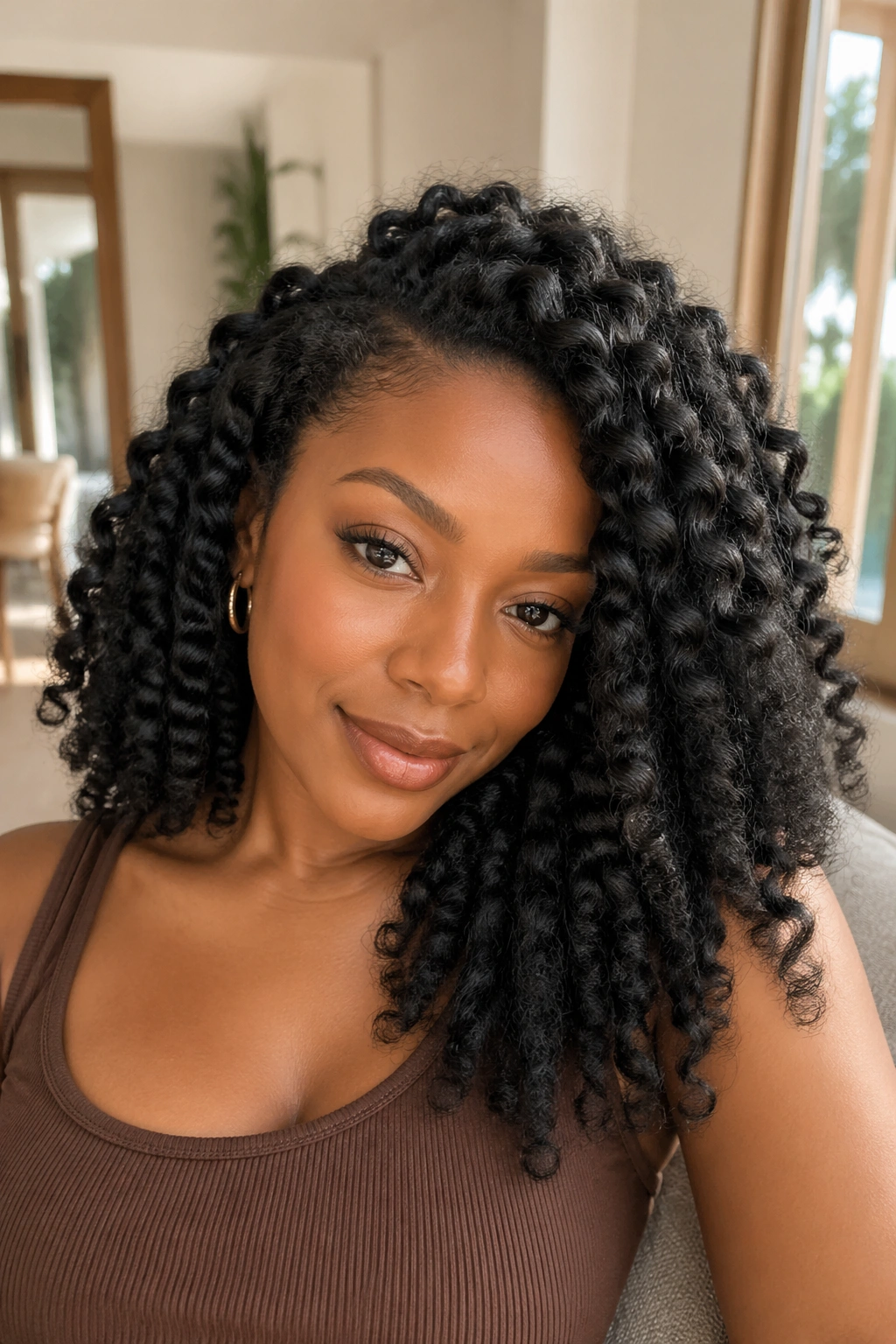 Close-up of a real woman with blown-out braid-out waves and defined texture.