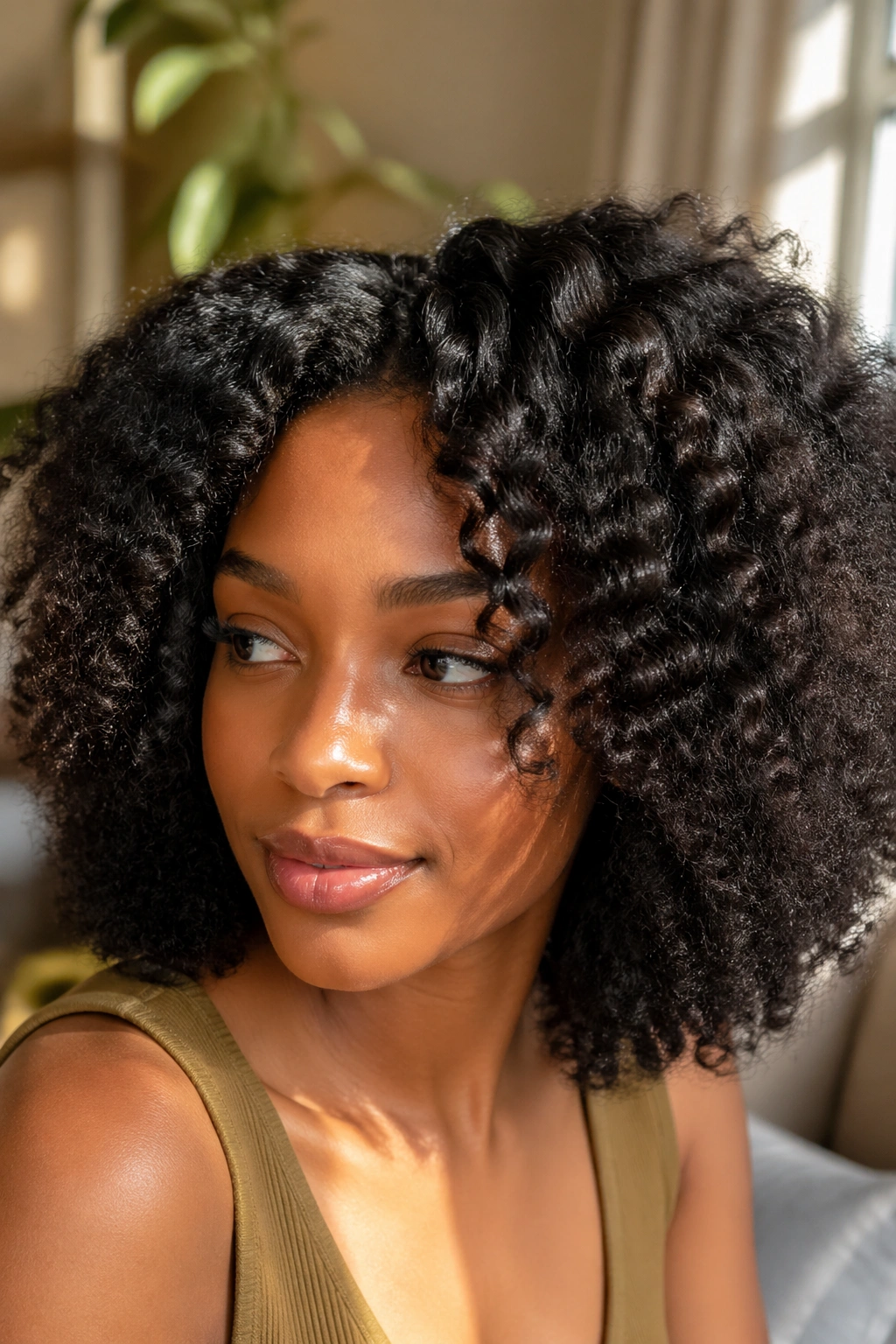 Close-up of real woman with Brushed-Out Braid-Out hairstyle in natural light