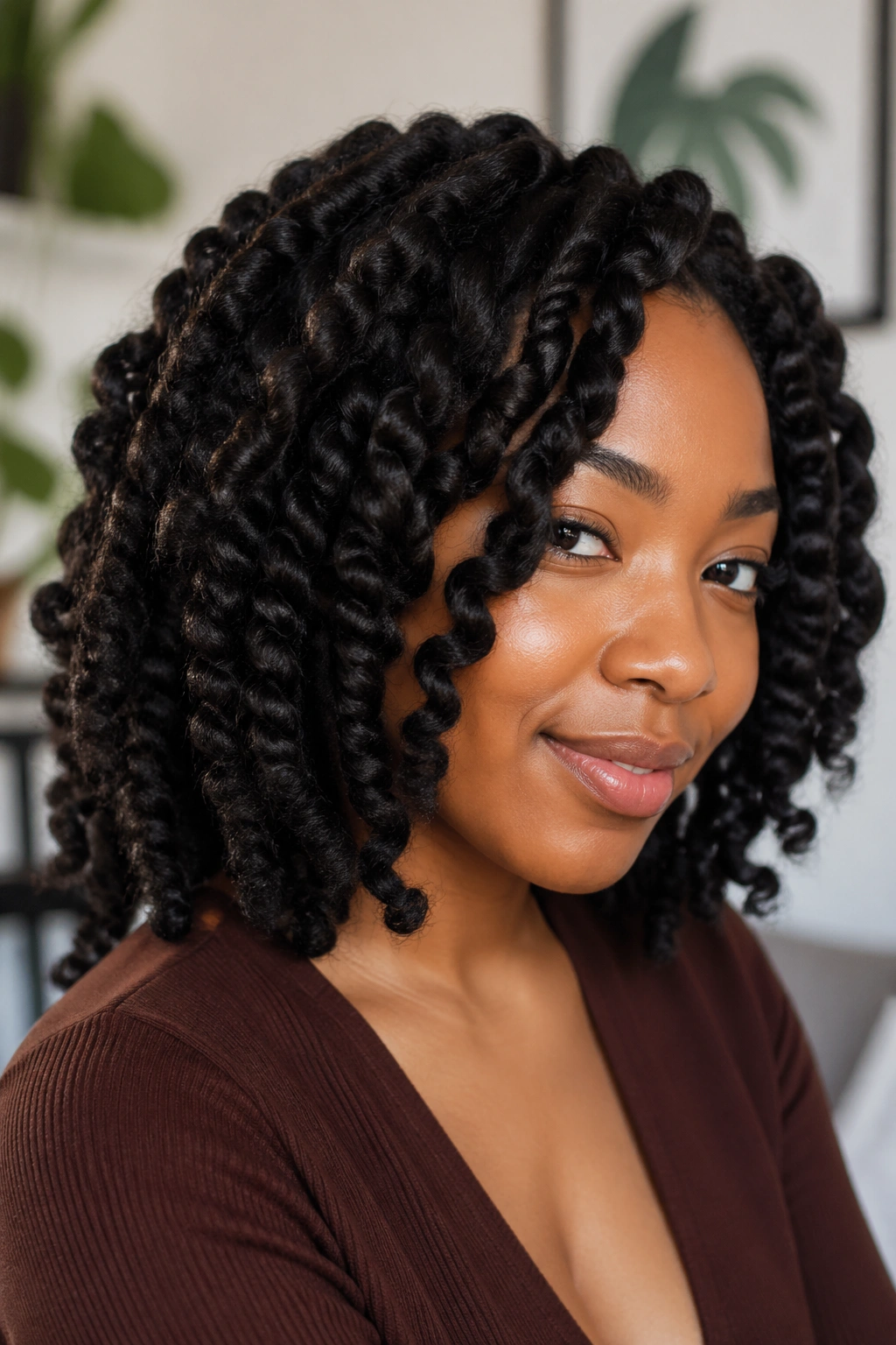 Close-up of a real Black woman with chunky braid-out hairstyle