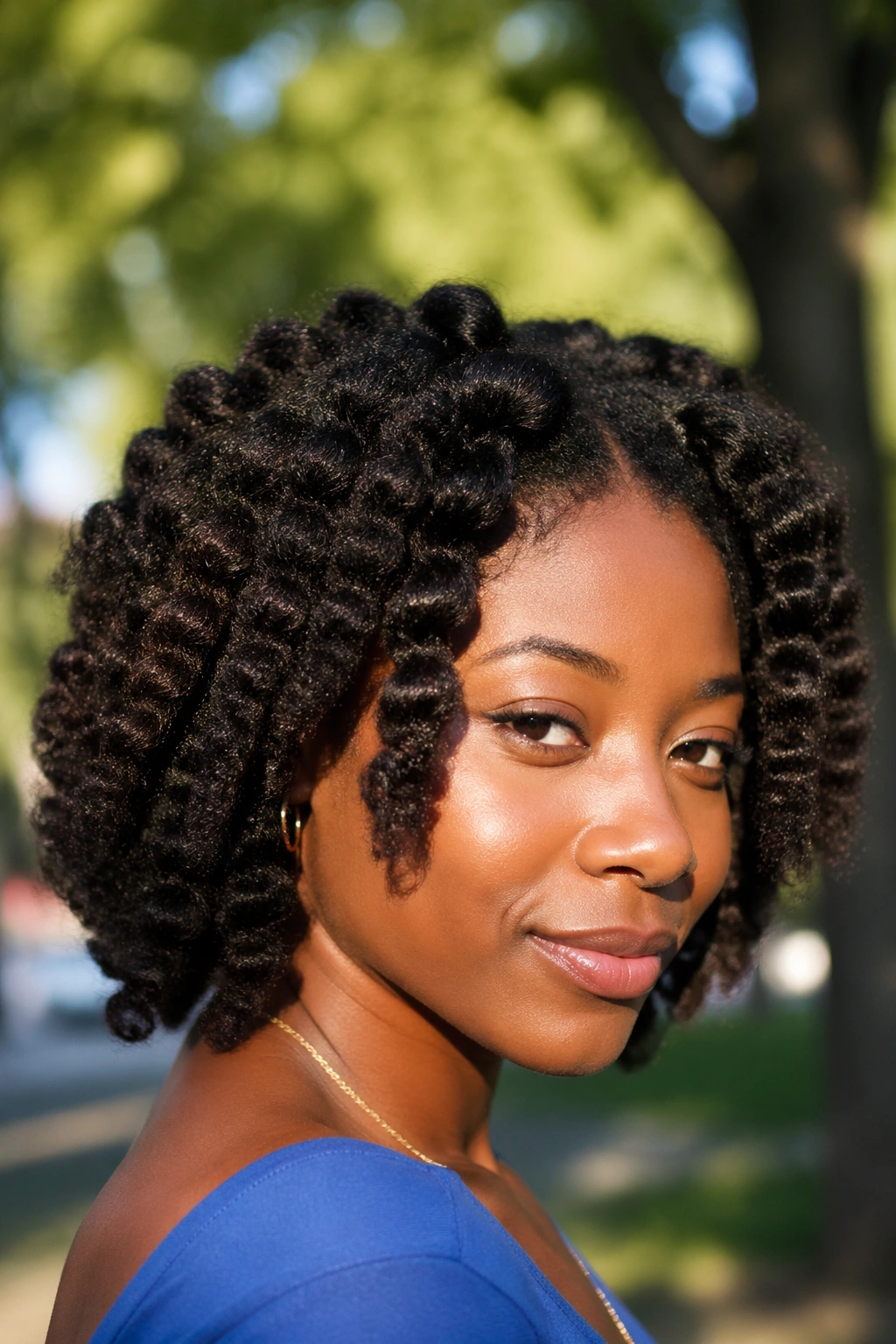 Close-up real woman with braid-out featuring chunky sections in natural sunlight