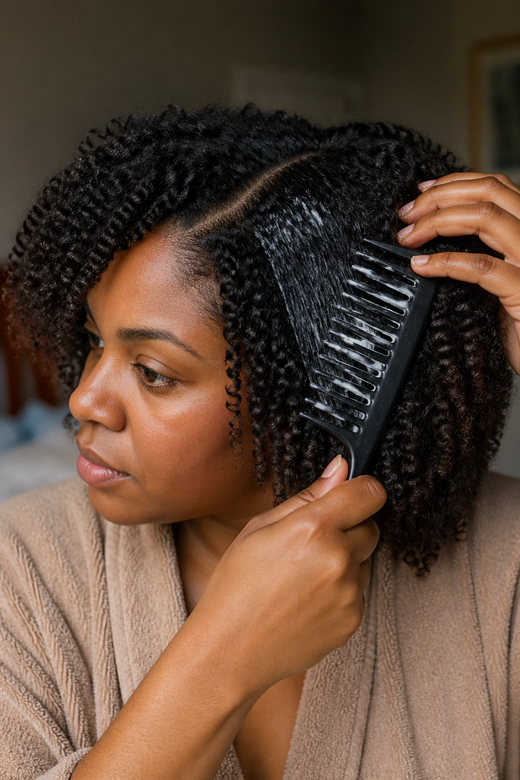 Real person with defined braid-out curls enhanced by comb distribution