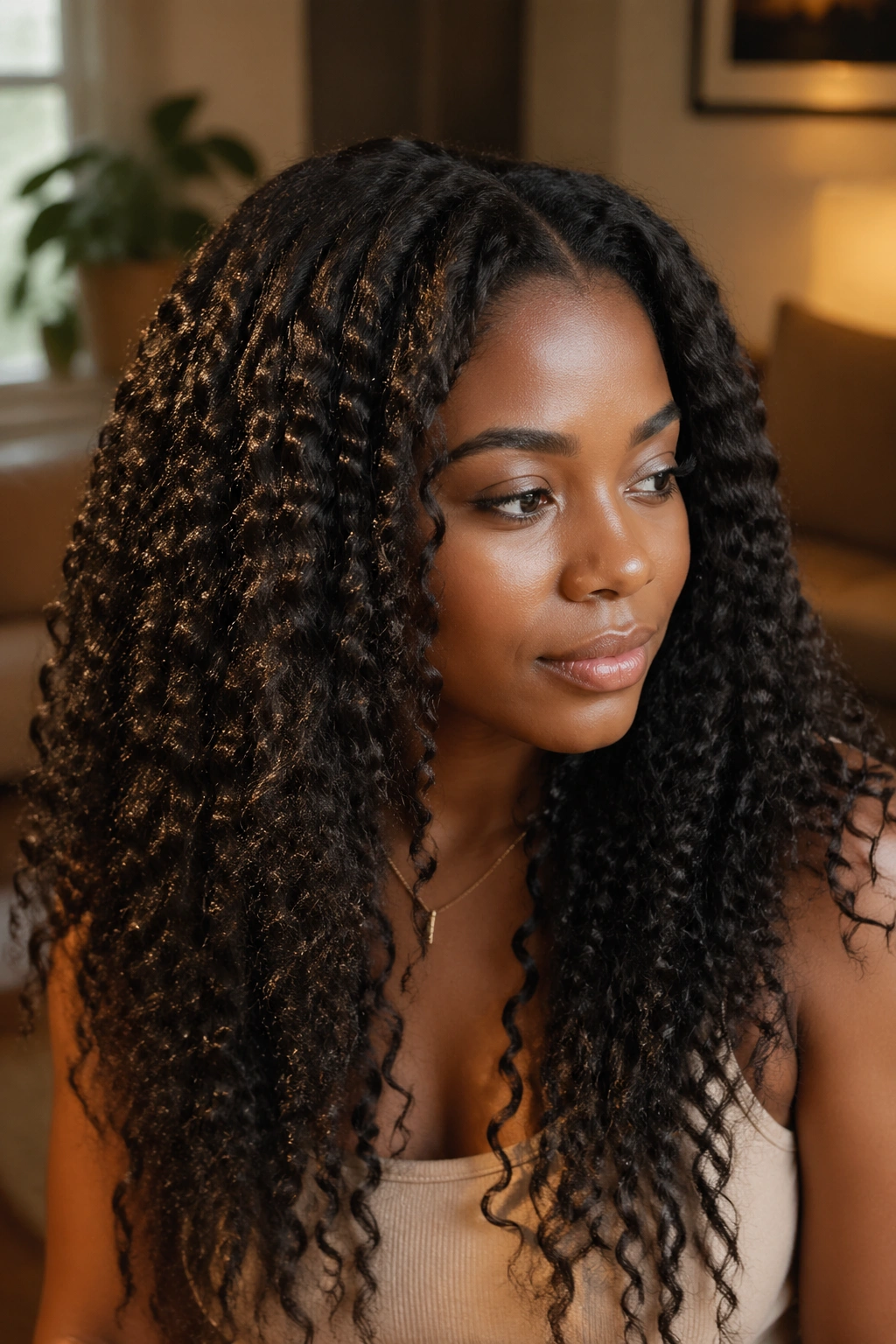 Close-up of a real woman with braid-out texture after cornrows