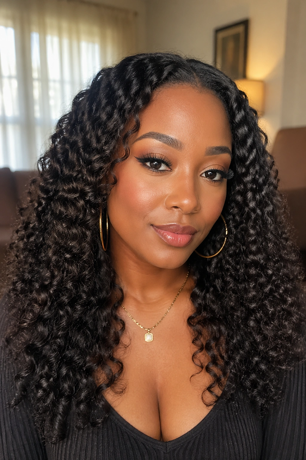 Close-up portrait of a Black woman with a defined braid-out worn down in warm natural light