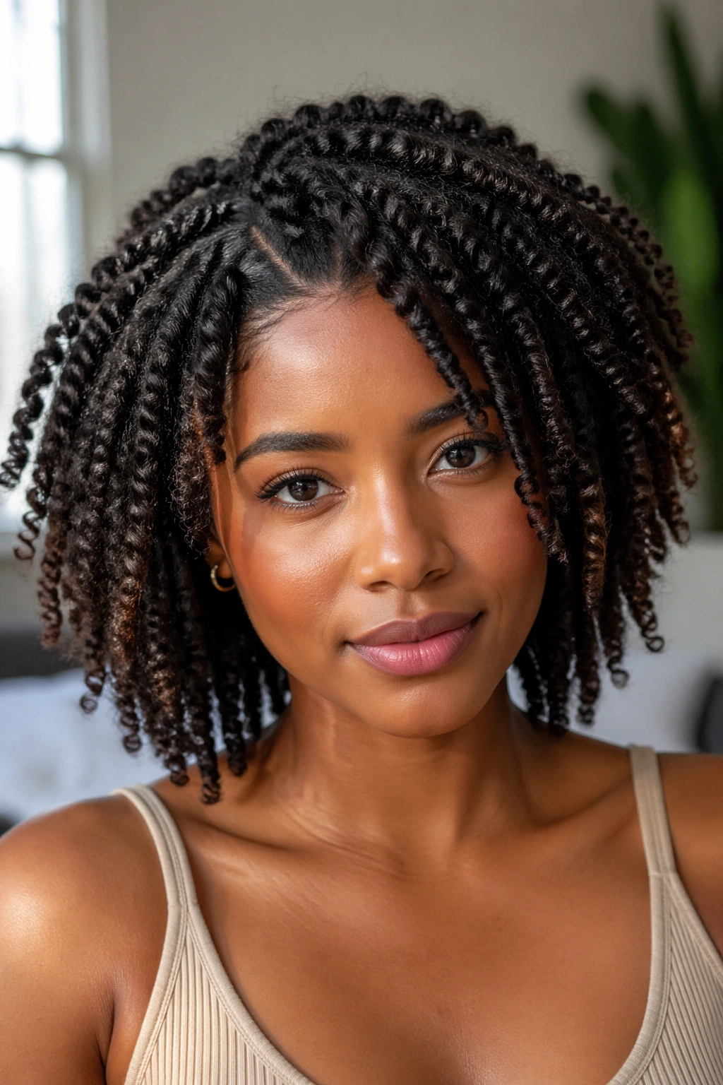 Close-up of woman with braid-out hairstyle showing rope-like curl pattern