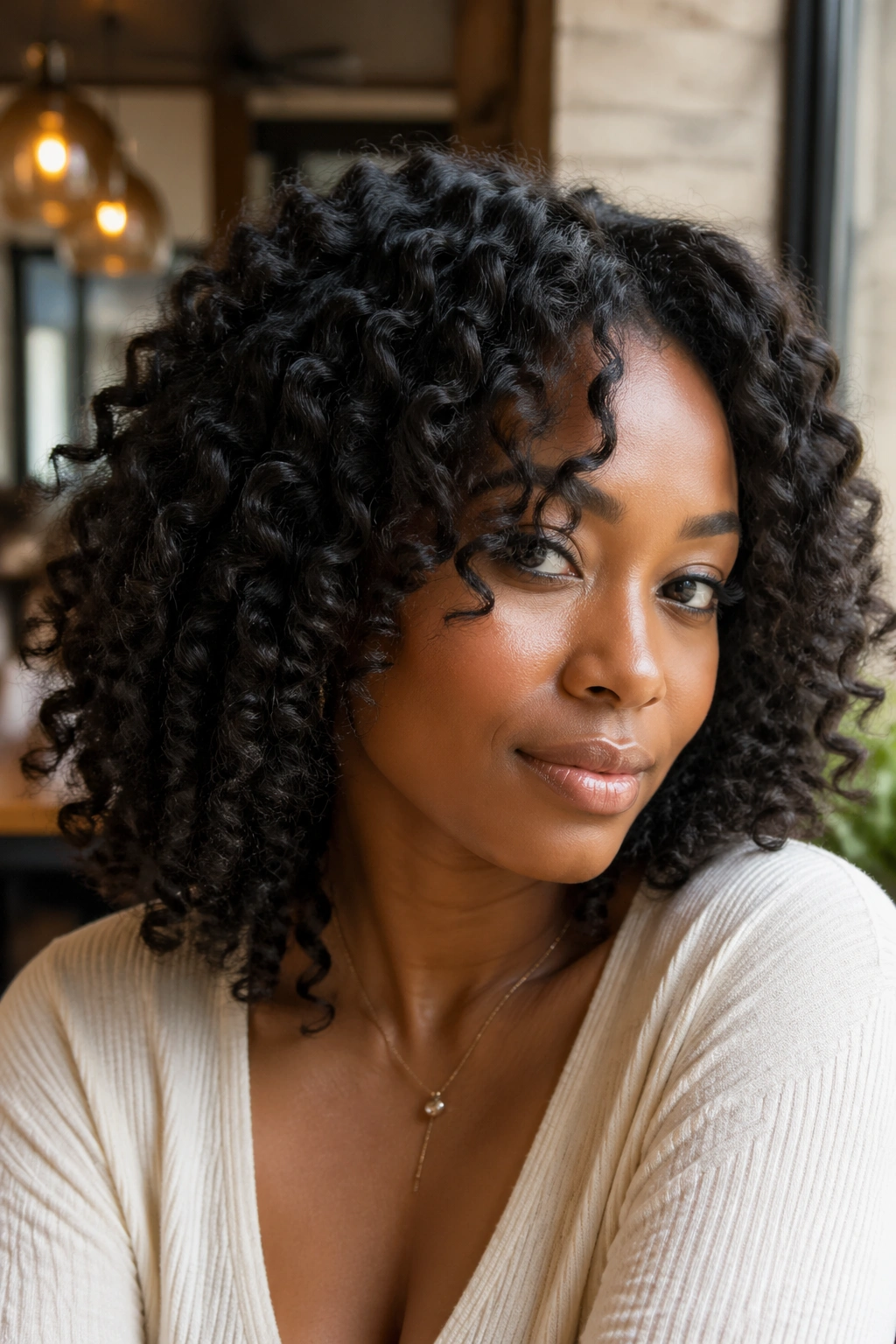 Close-up portrait of a real woman with braid-out curls