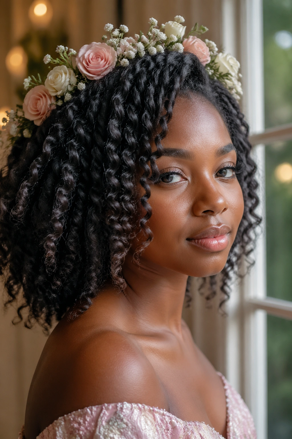 Close-up of a defined braid-out with a floral crown on a real woman near a sunlit window.