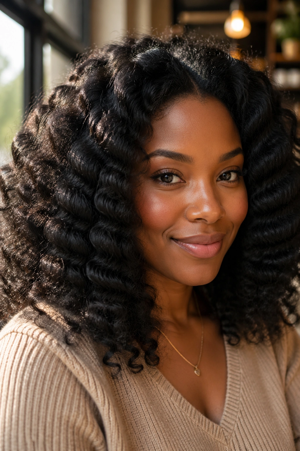Close-up of a real person with a fluffy braid-out texture.