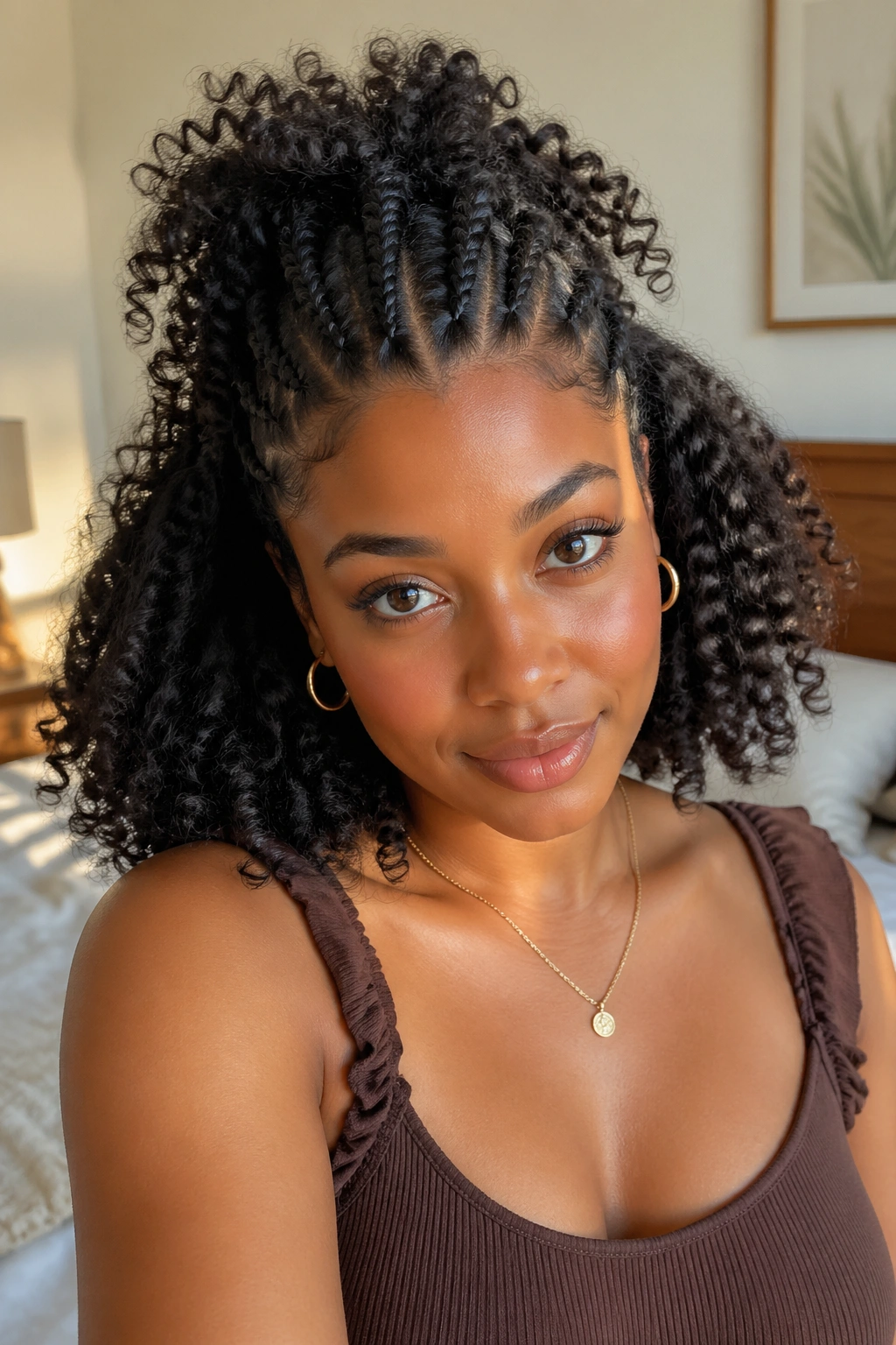 Close-up of real person with braided top and braid-out texture above loose curls