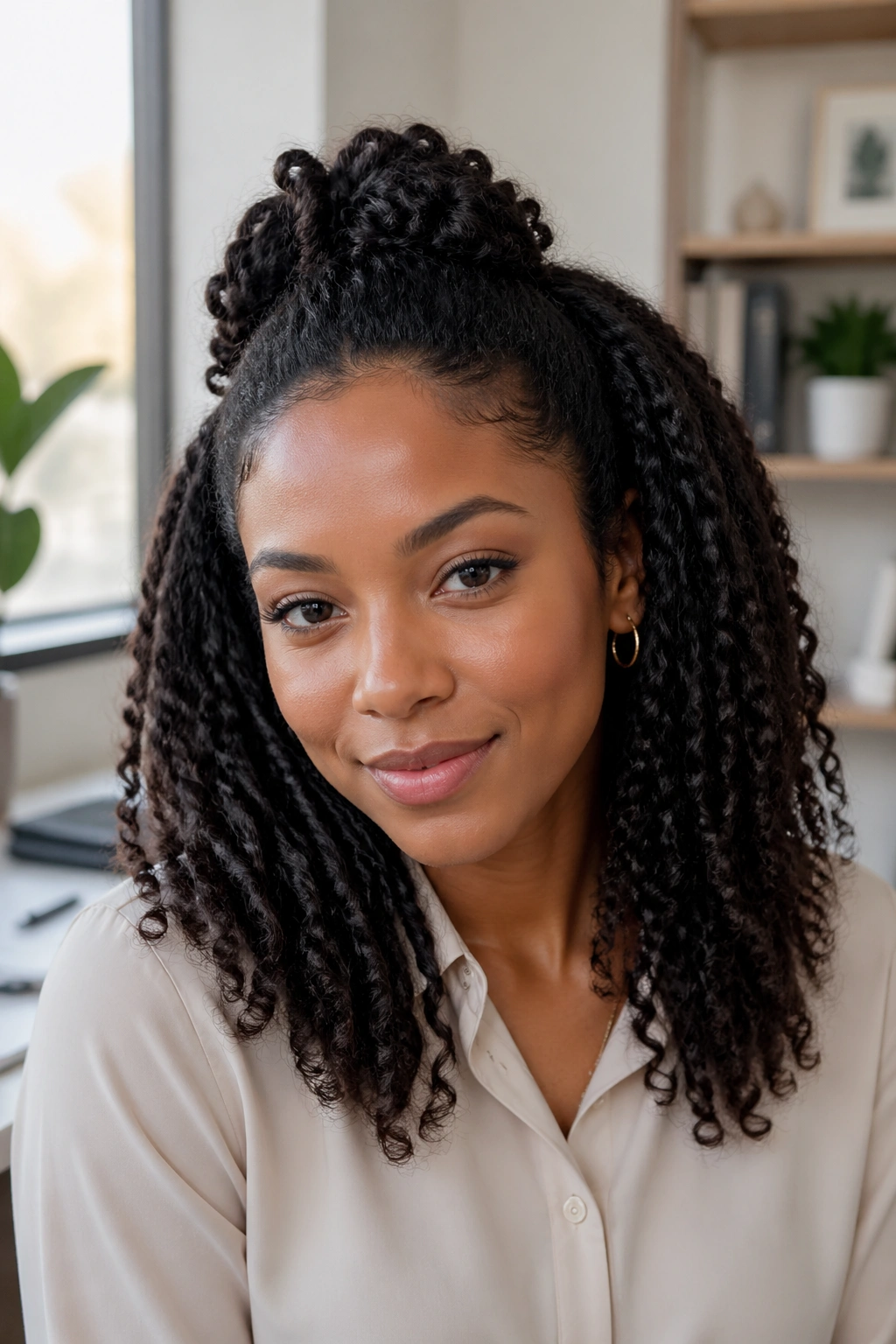 Close-up of a real woman with a braid-out half-up hairstyle and loose waves.