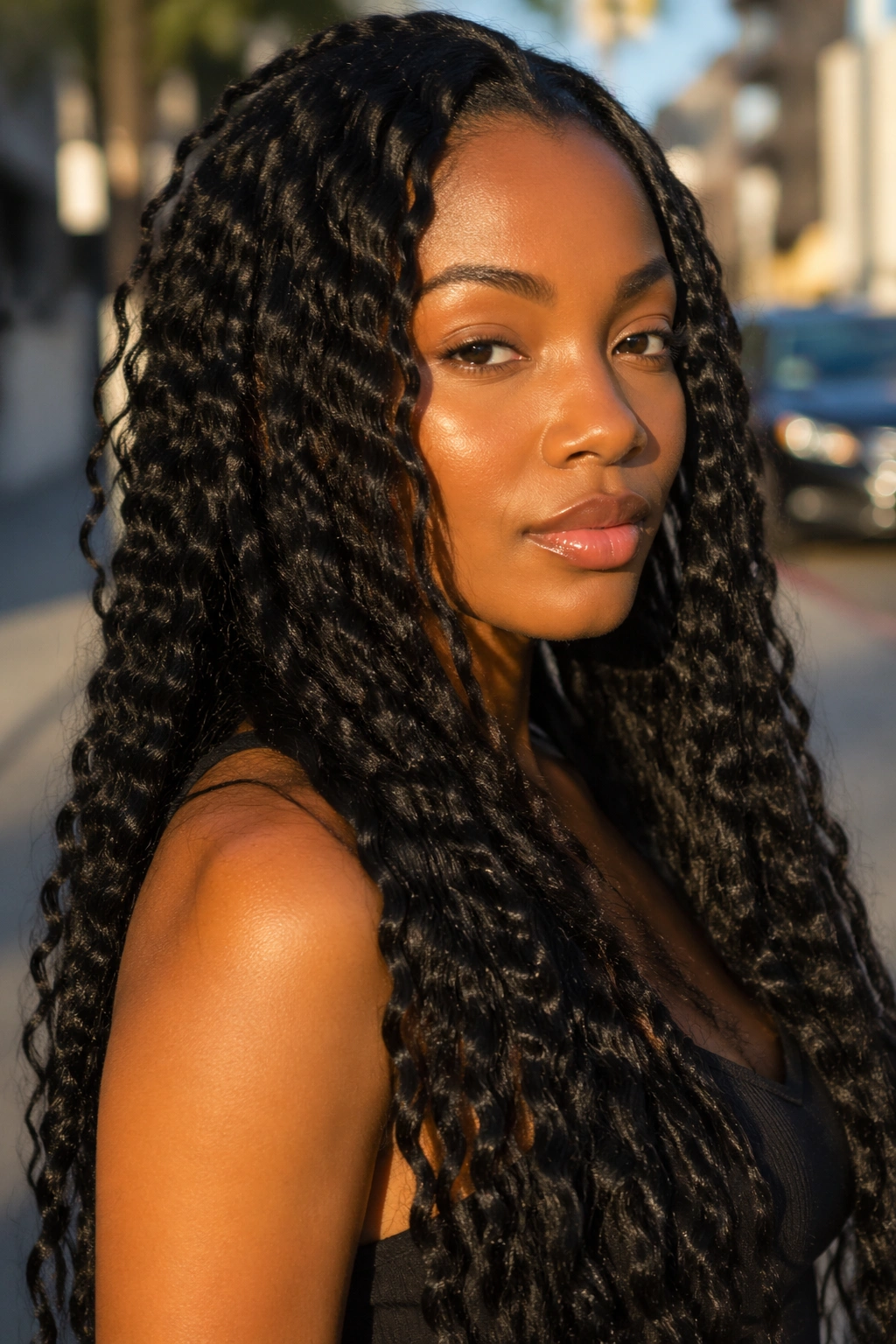 Portrait of a woman with a long braid-out hairstyle.