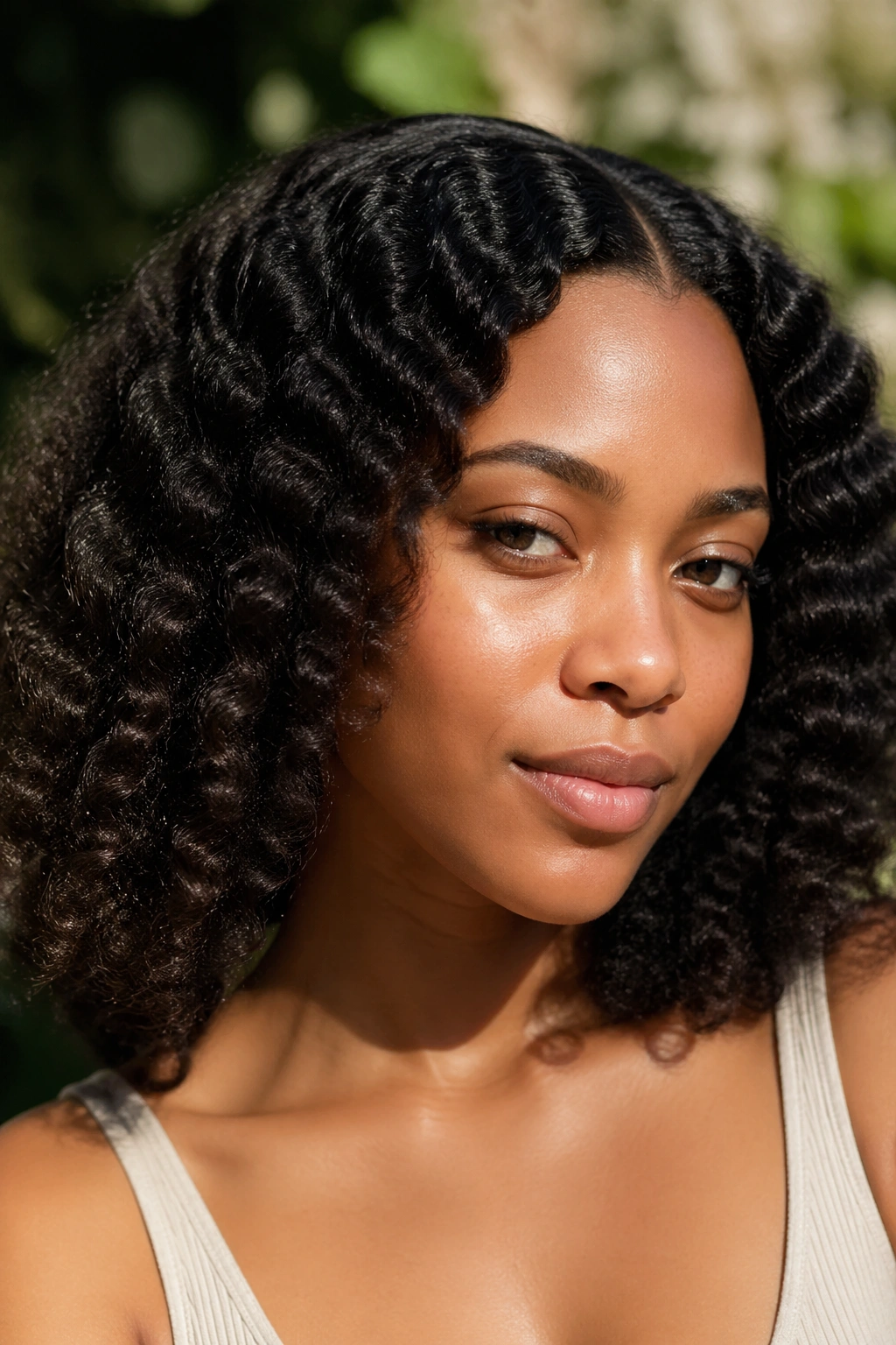 Close-up of a real woman with a braid-out natural hairstyle in a sunlit outdoor setting.