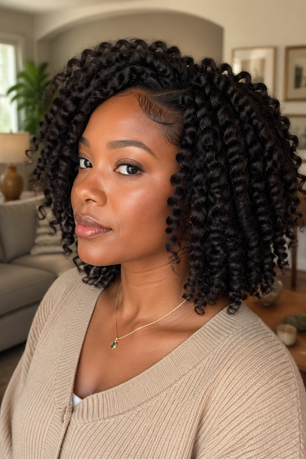 Close-up of a real woman showing a braid-out texture with defined pattern