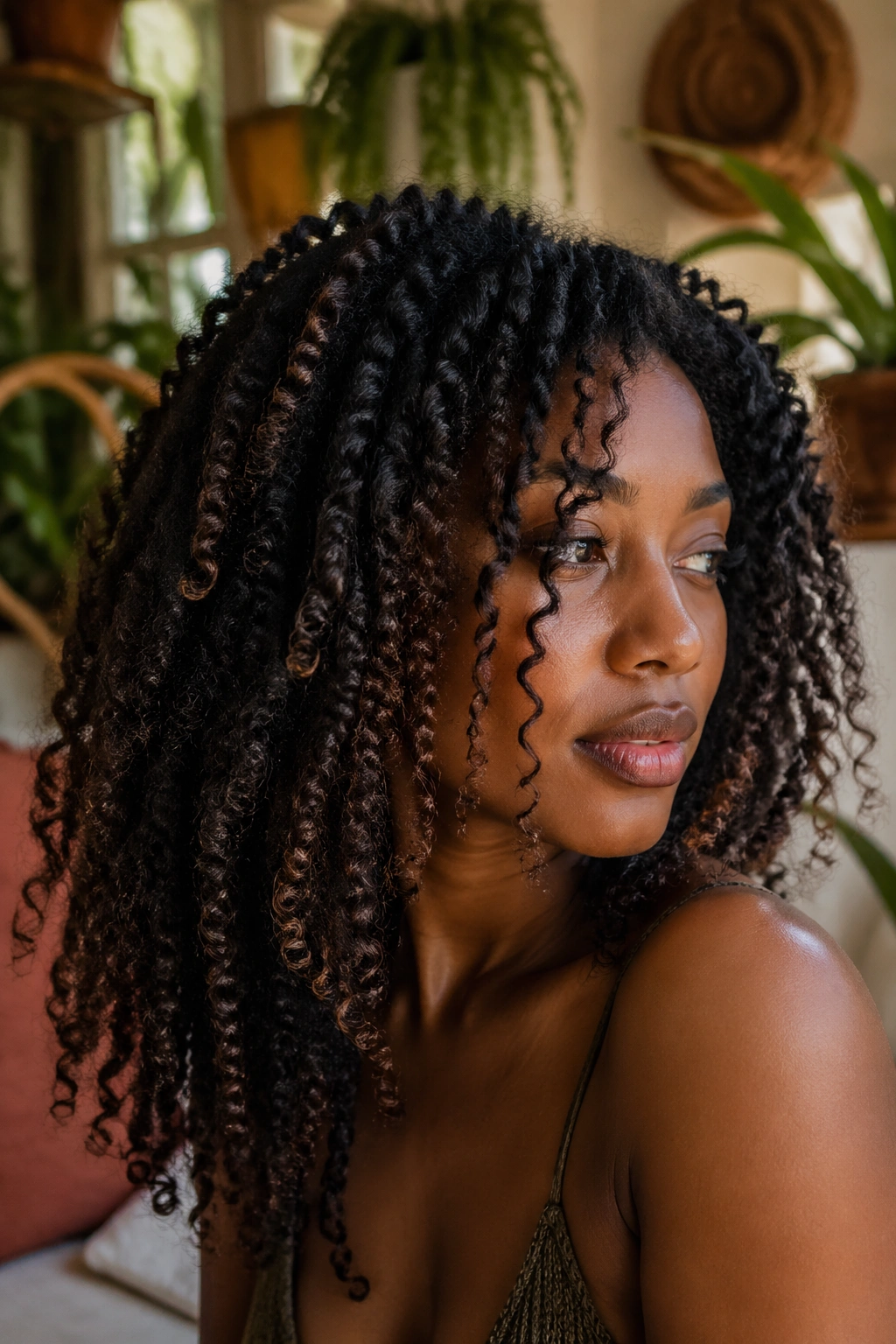 Close-up of a real woman with a natural, unraveled braid-out in a sunny garden setting.