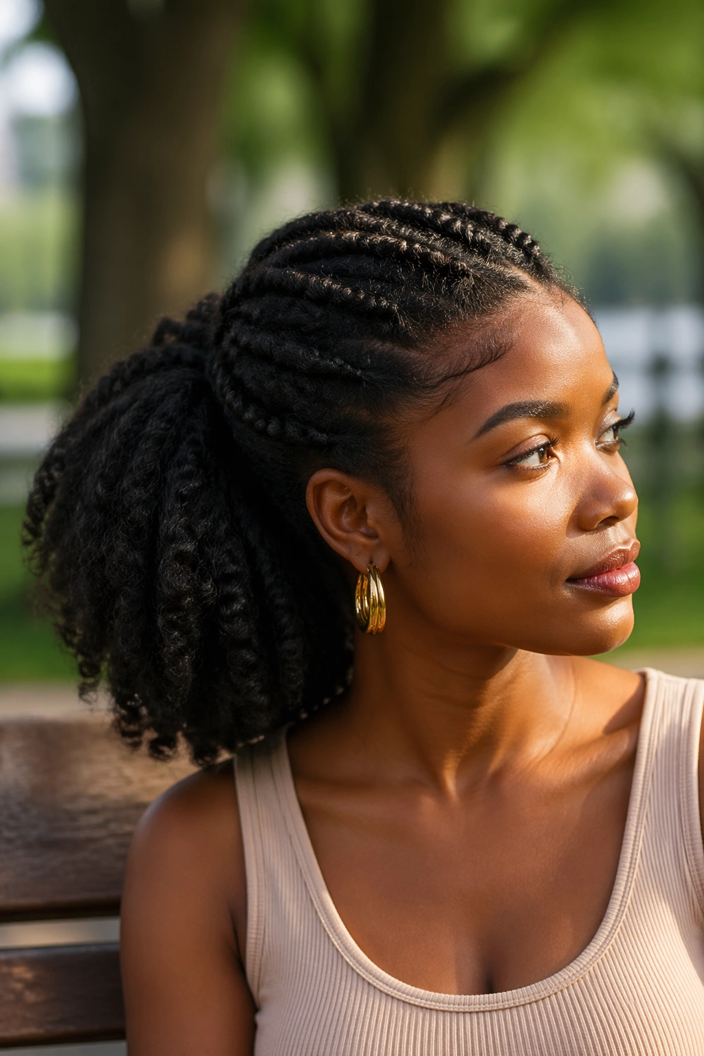 Real woman with braid-out ponytail showing defined ridges