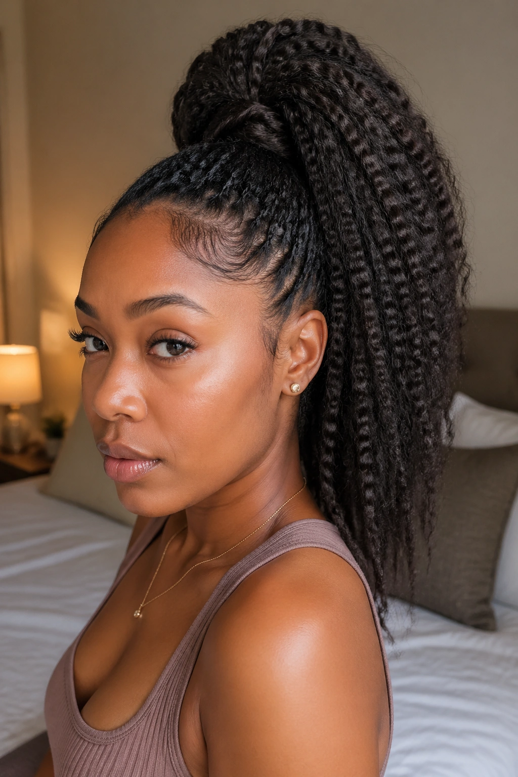 Close-up portrait of a real woman with a textured braid-out high ponytail in natural light