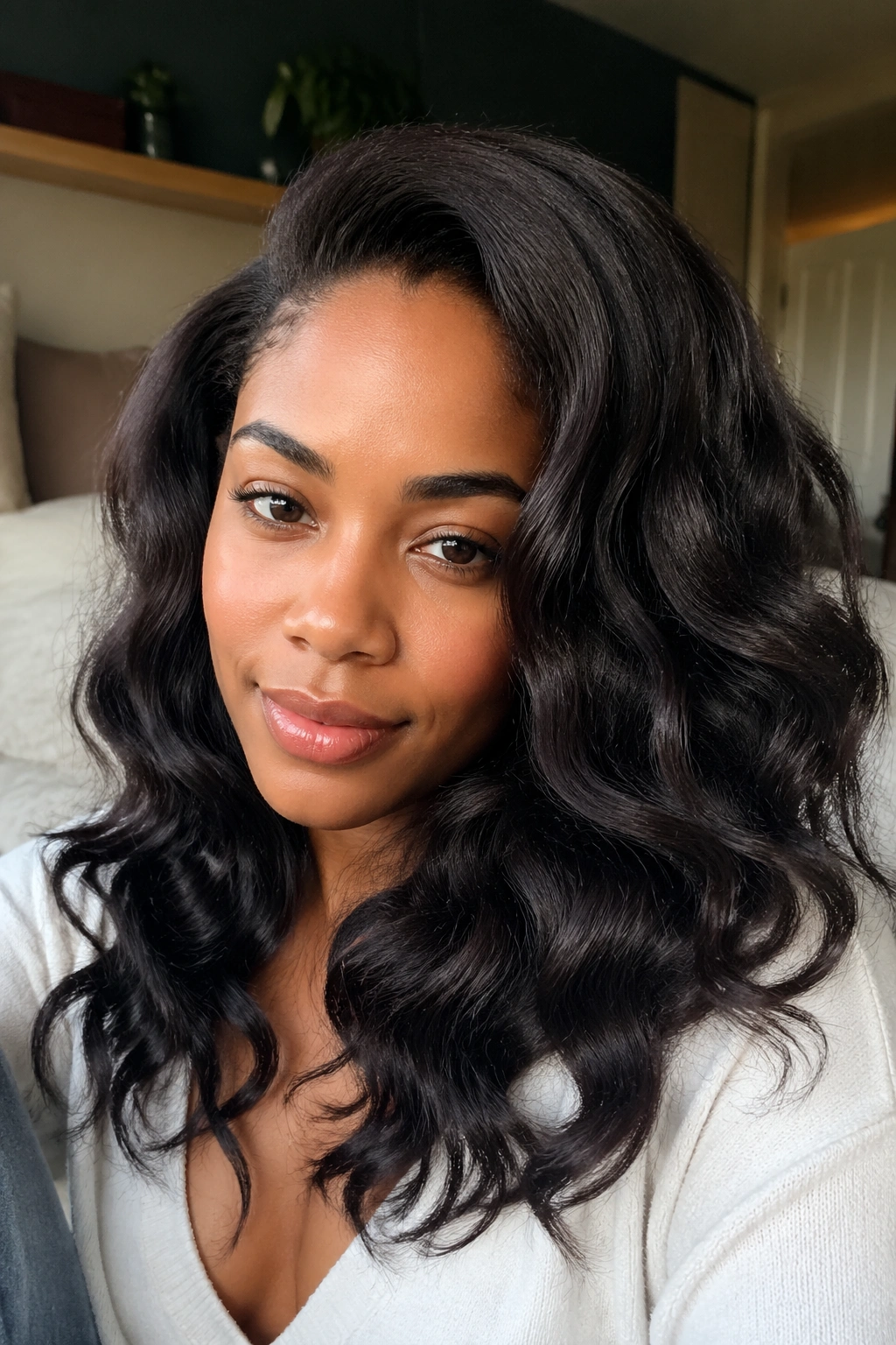 Real woman with braid-out waves on silk-pressed hair