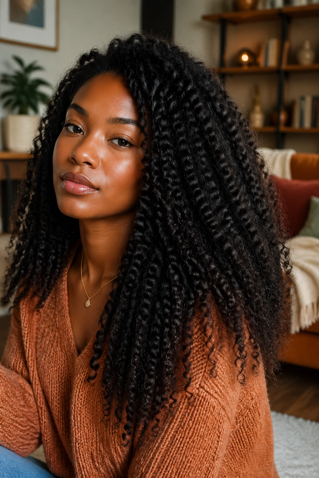 Close-up of stretched braid-out on real person showing length and definition