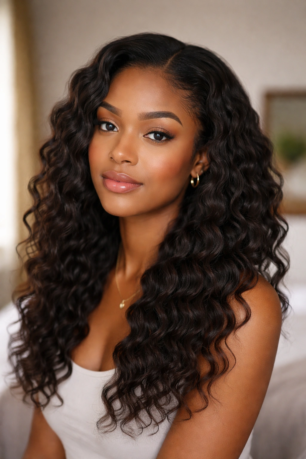 Close-up portrait of a woman with braid-out waves on stretched hair