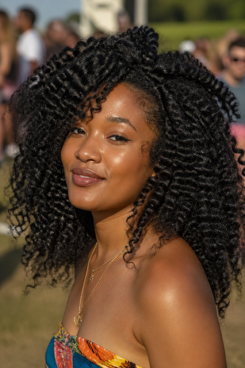 Close-up of a pulled-apart braid-out with textured curls