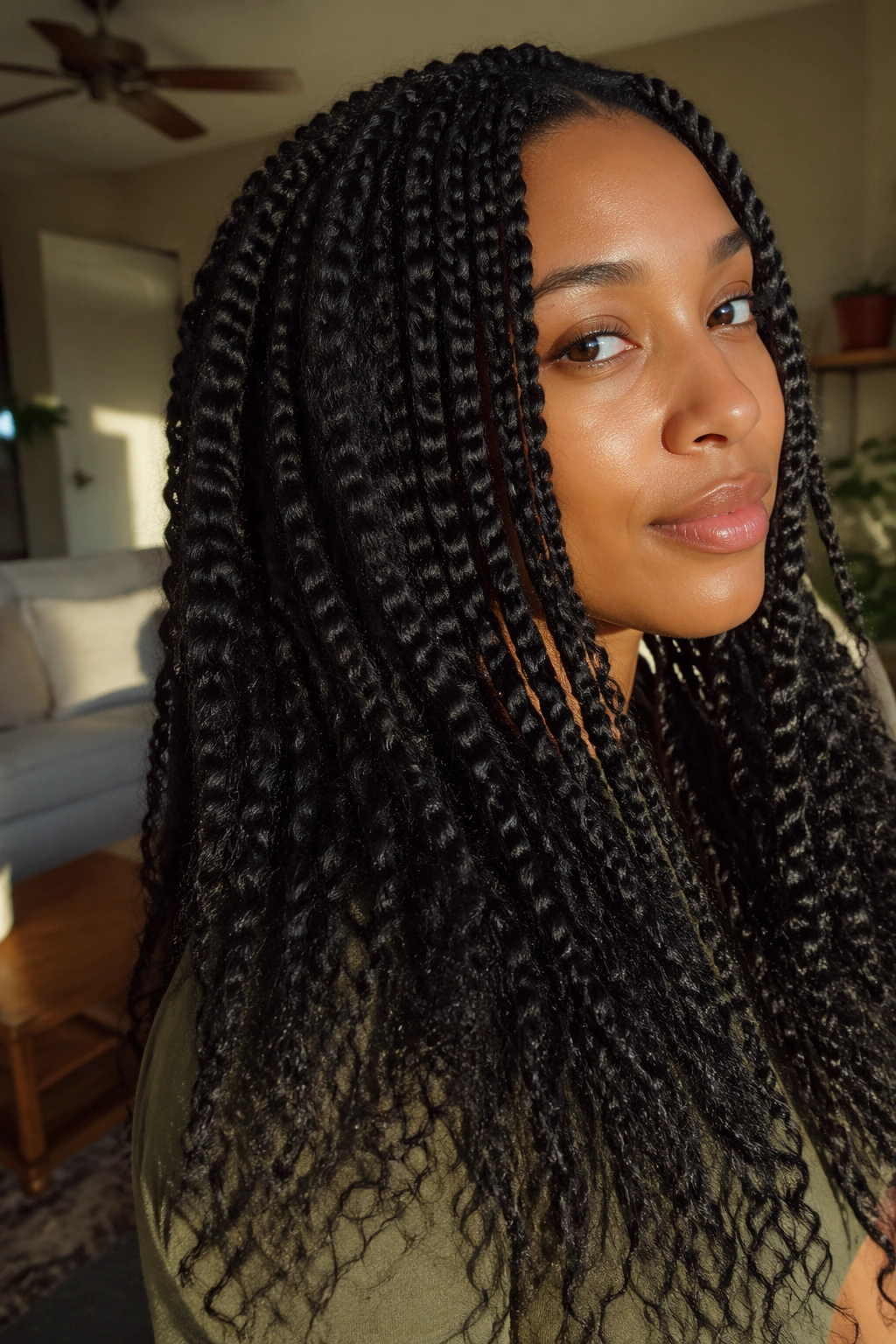 Close-up of a real woman with thick, stretched braid-out texture