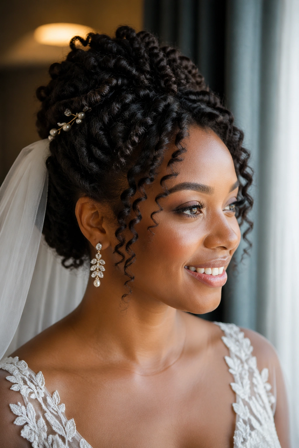 Close-up of a bride with braid-out updo showing textured waves