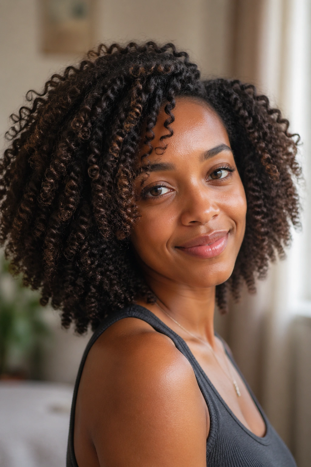 Close-up of a real woman wearing a braid-out with extra volume