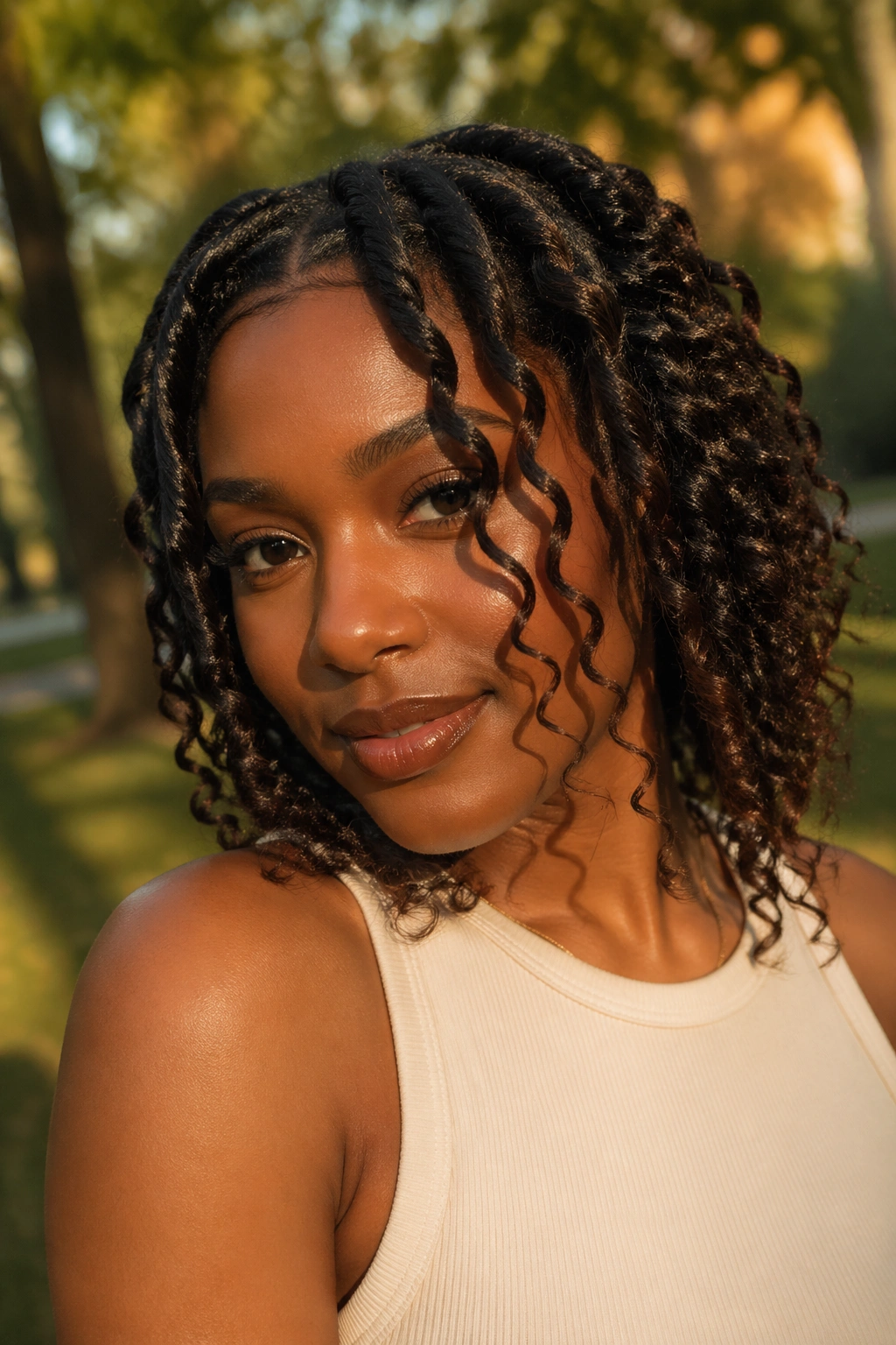 Close-up of a real woman with braid-out waves framing her face.