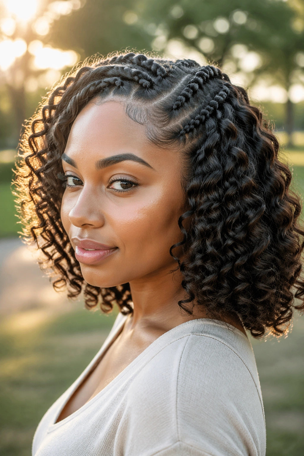 Close-up portrait of a real woman with braid-out waves in a park setting