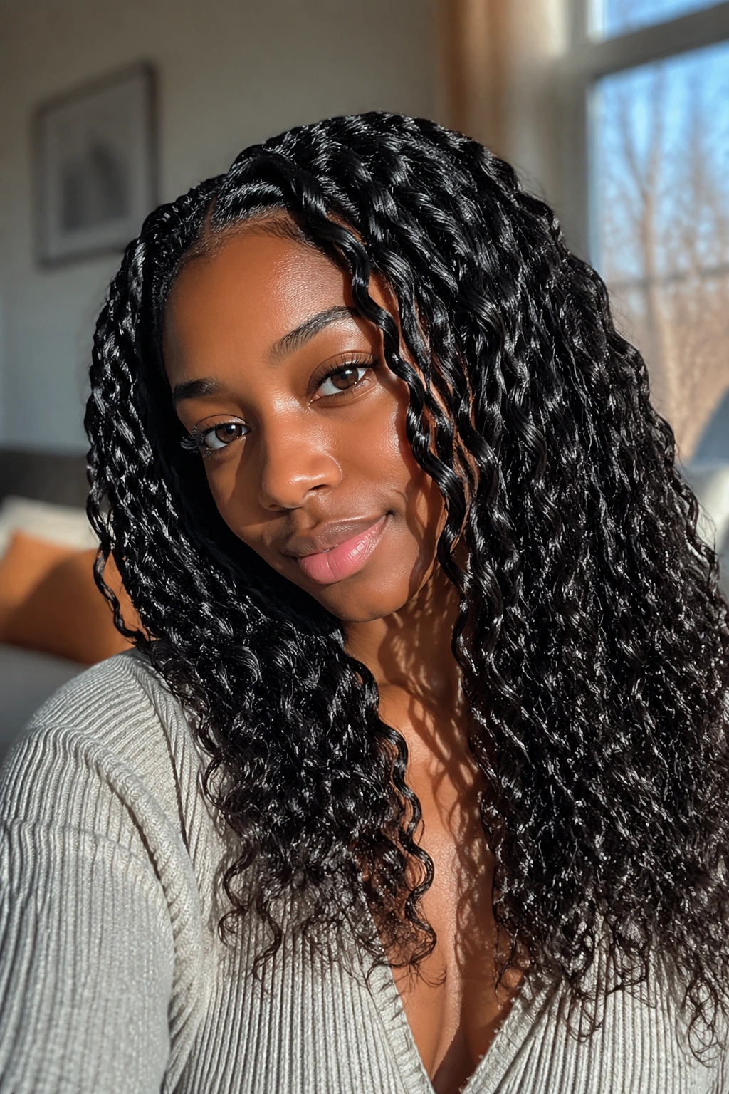 Close-up of a real woman with elongated braid-out waves