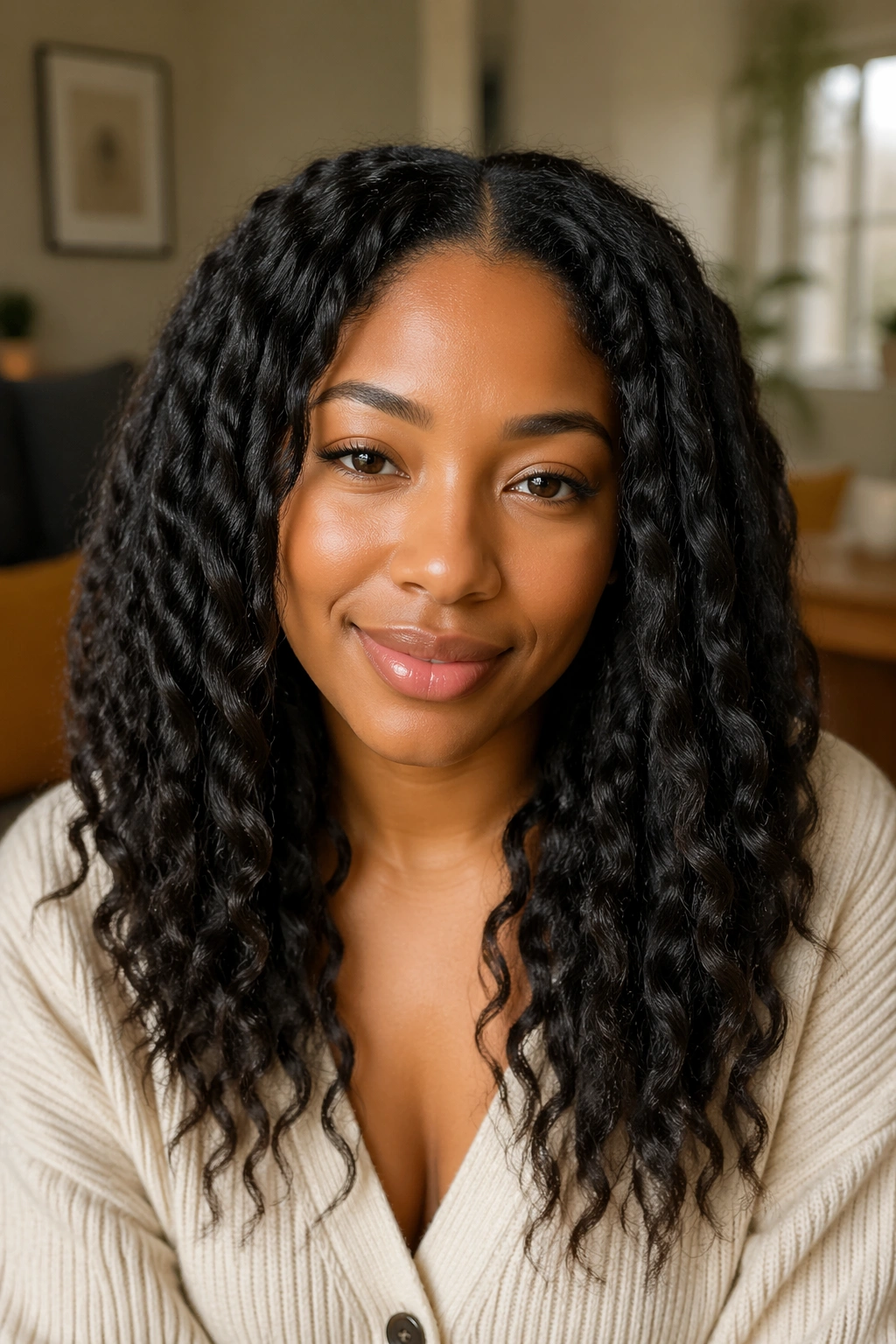 Close-up portrait of a real woman with a braid-out featuring longer ropey waves under natural light