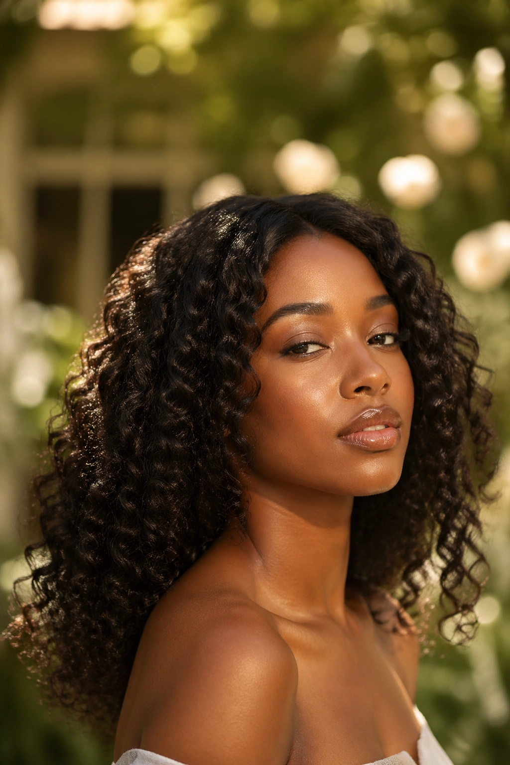 Close-up of a real woman with loose braid-out waves in garden light