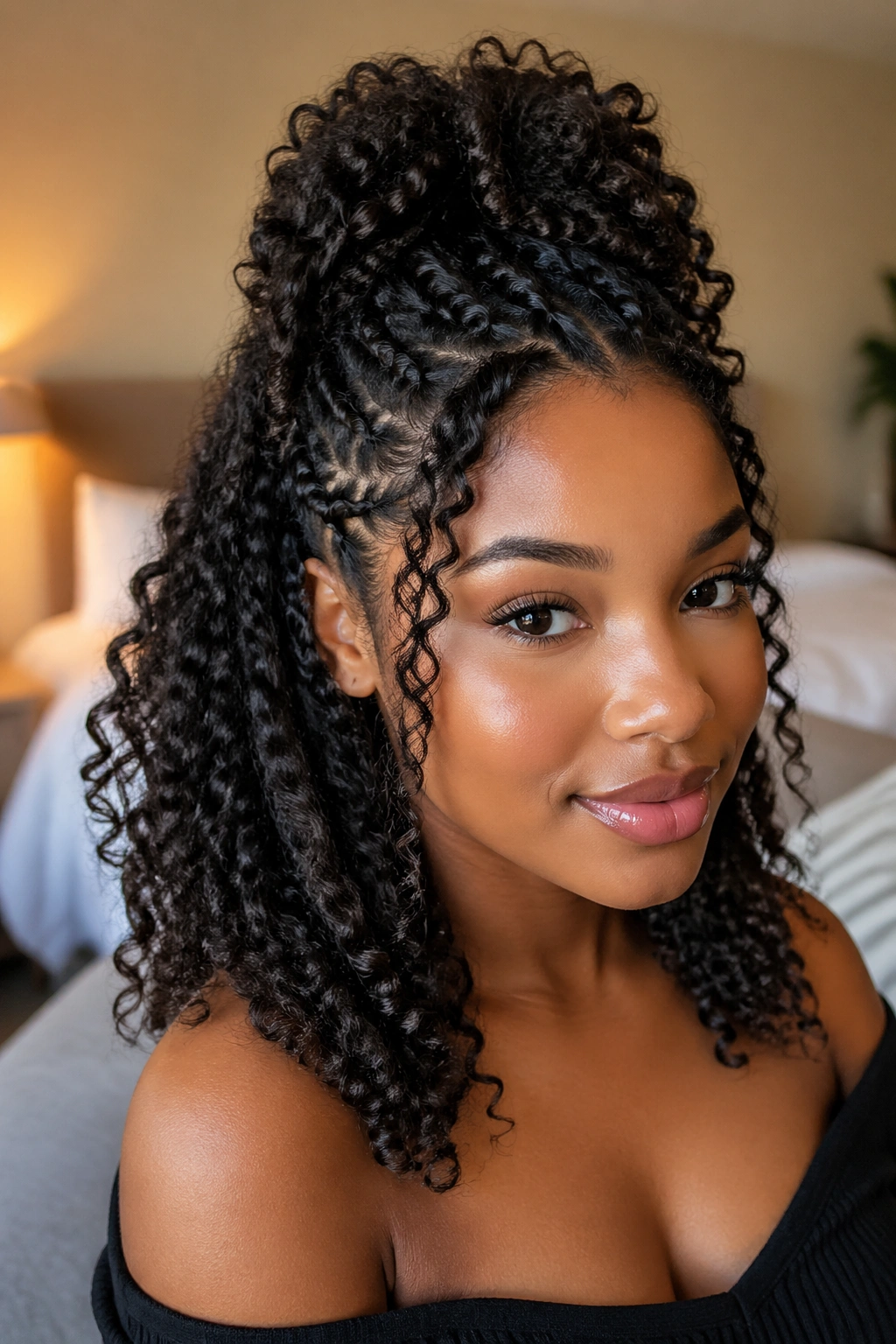 Close-up of a real woman with braid-out waves worn half-up.