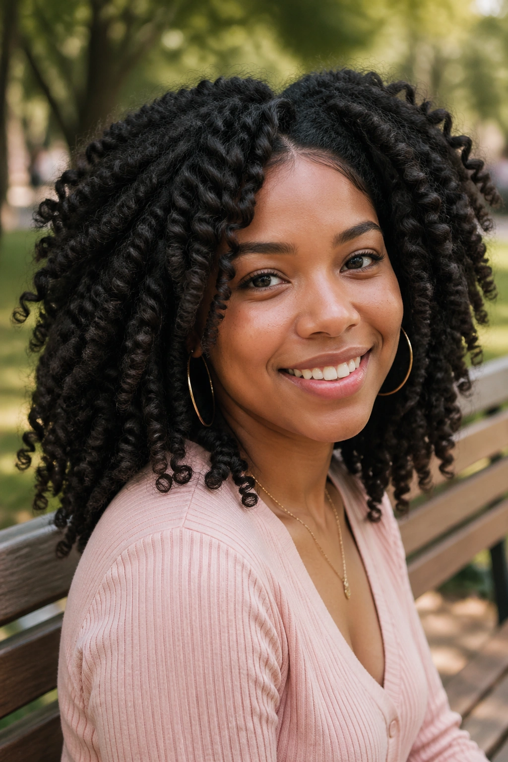 Portrait of a real woman with braid-out waves and volume.