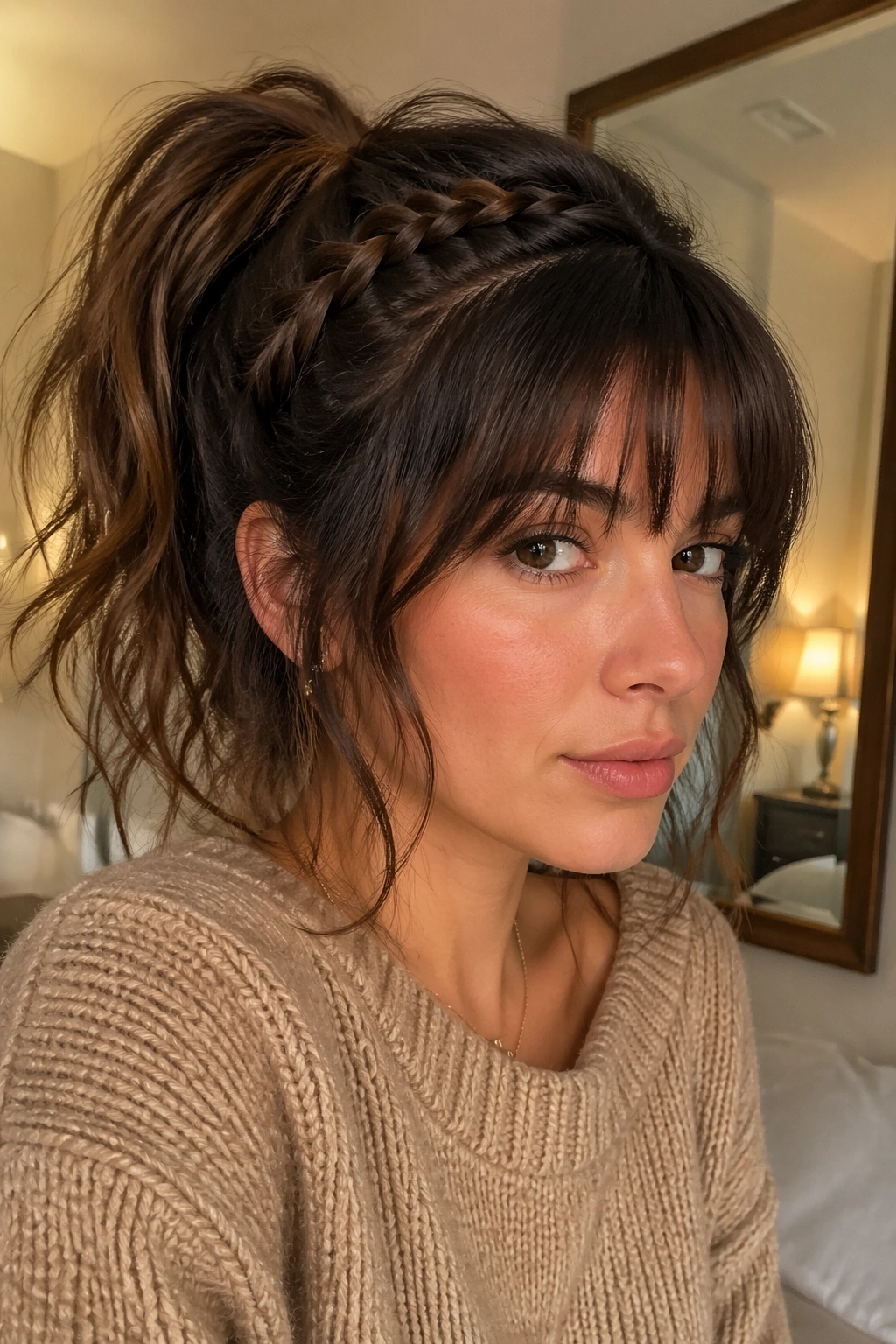 Close-up of a real woman with braided-base ponytail and soft bangs in a warm bedroom