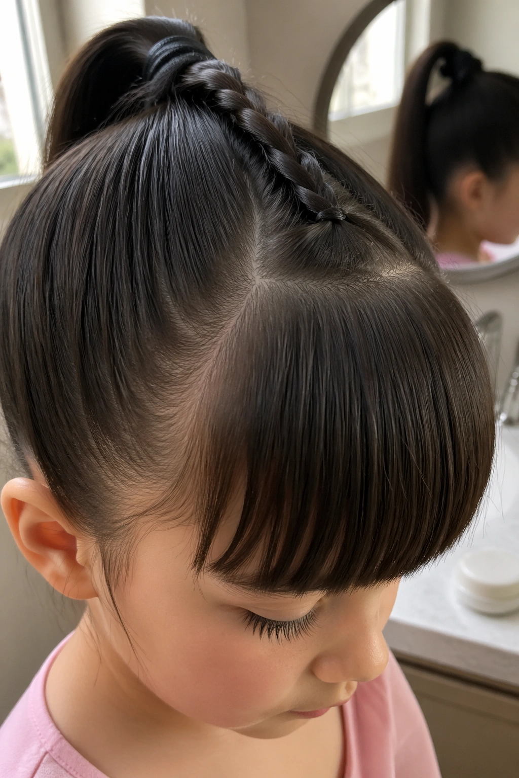 Close-up of high braided ponytail with blunt bangs.