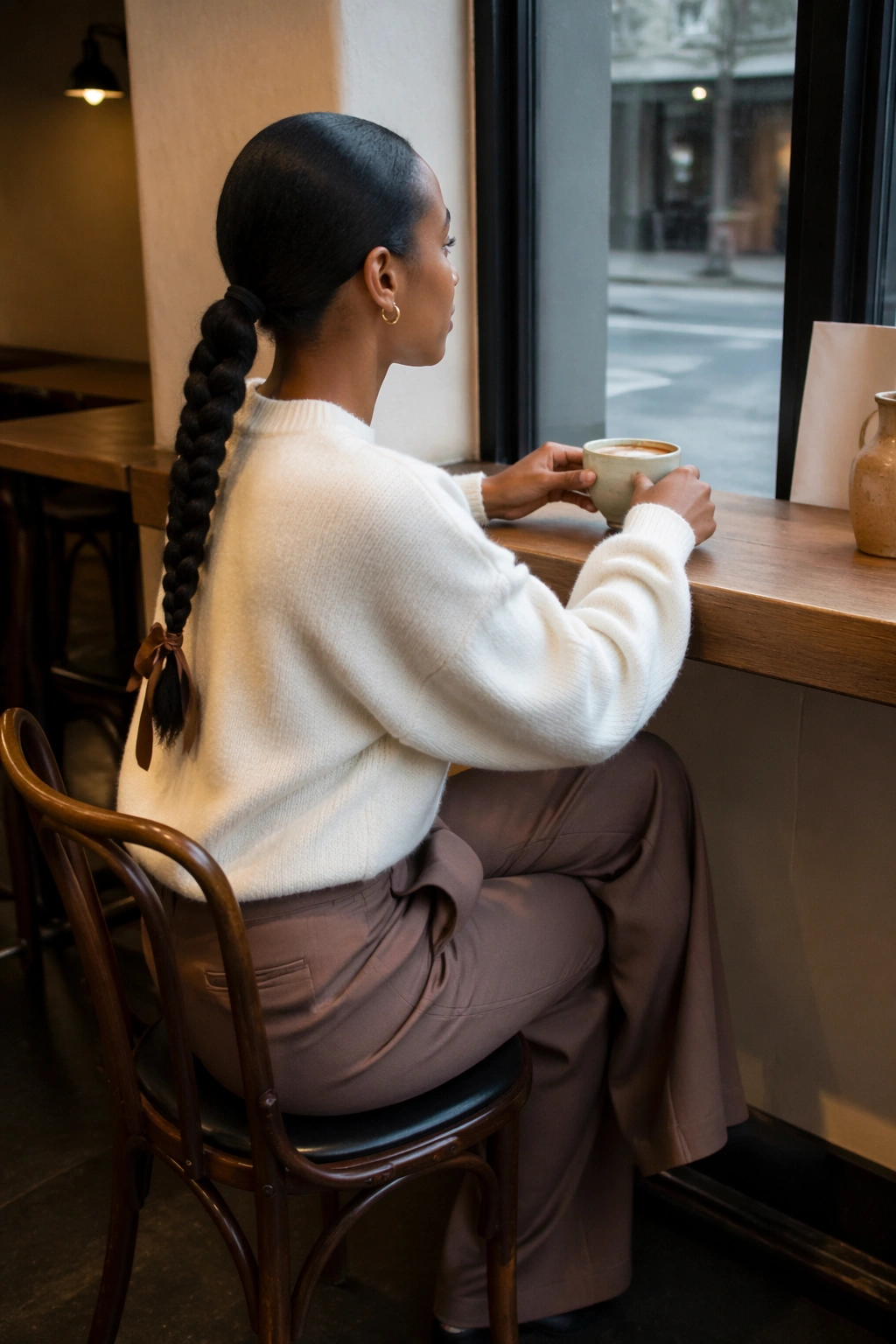 Wide cafe scene showing braided-length low ponytail.