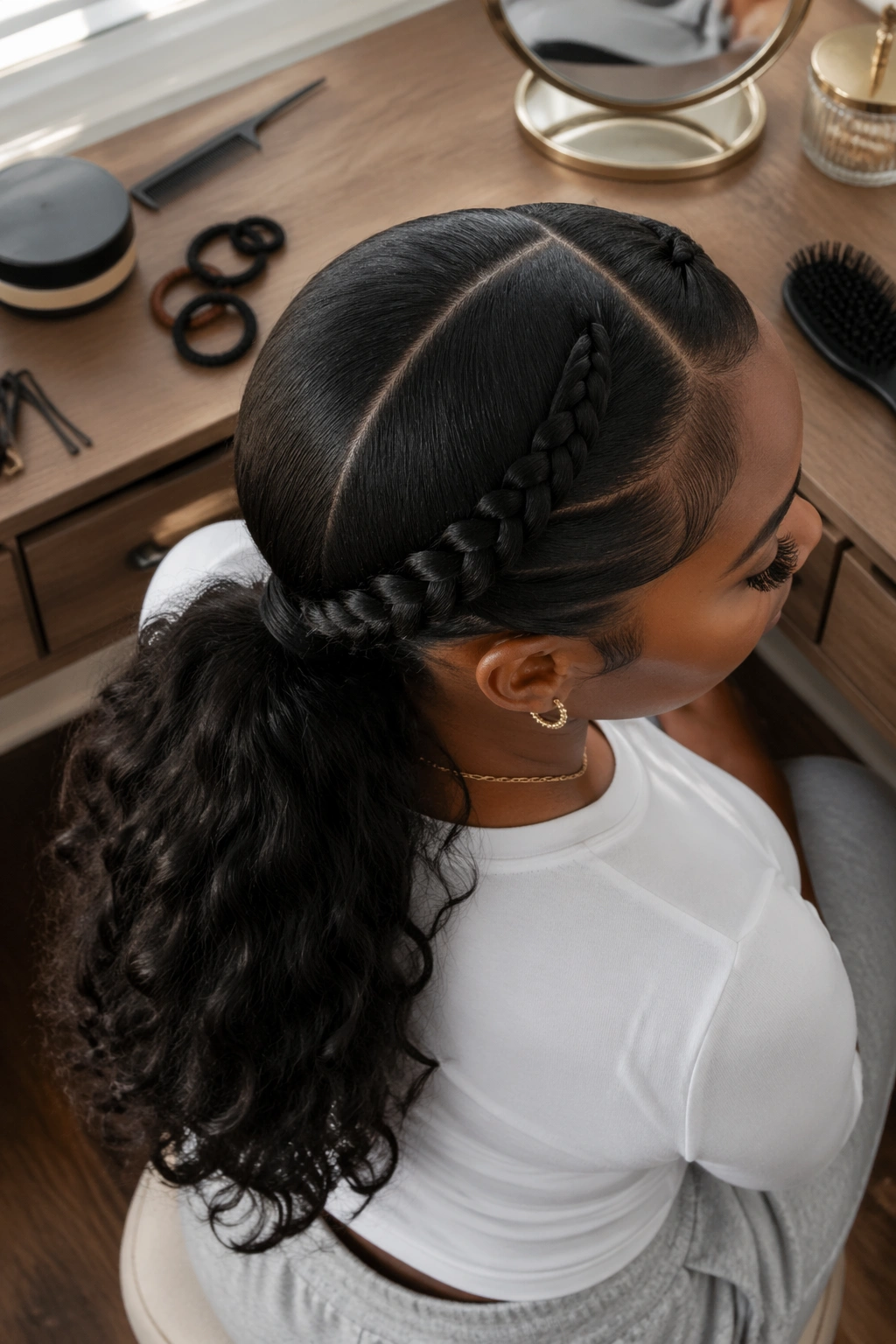 Overhead flat-lay showing braid leading into low side-part ponytail with tools.